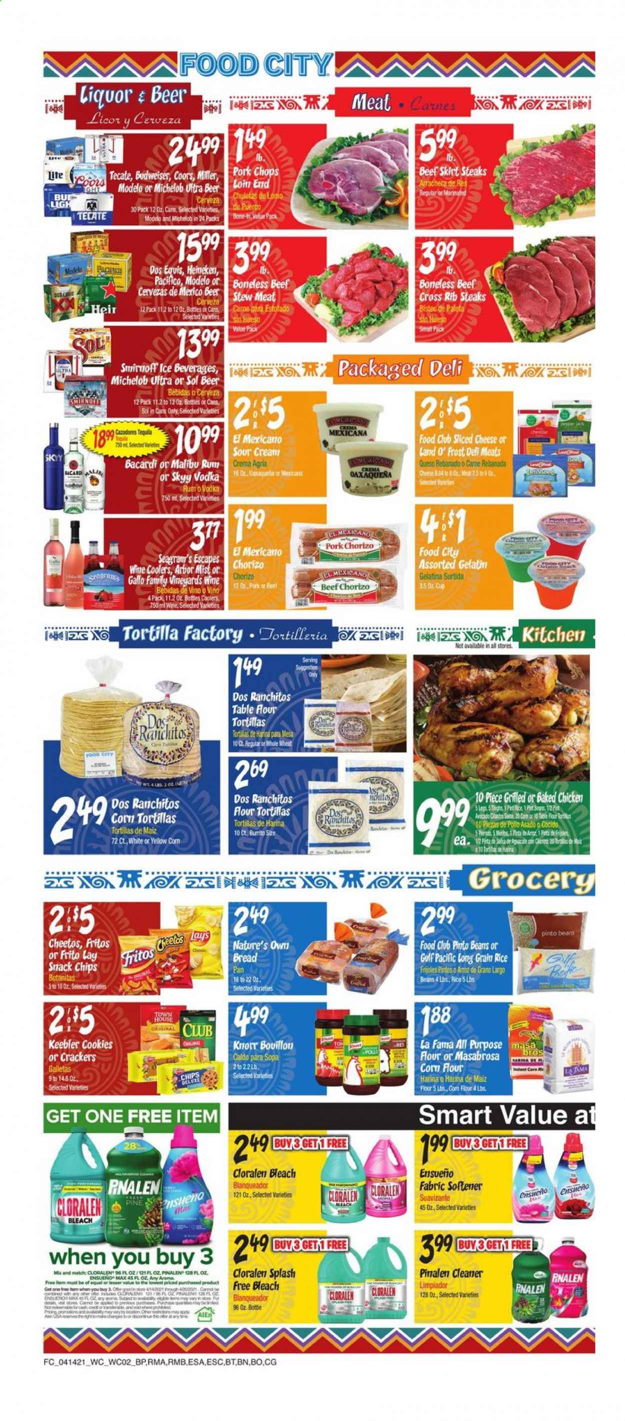 thumbnail - Food City Flyer - 04/14/2021 - 04/20/2021 - Sales products - Budweiser, Coors, Dos Equis, Michelob, stew meat, bread, corn tortillas, tortillas, flour tortillas, beans, Knorr, burrito, chorizo, sliced cheese, sour cream, cookies, snack, crackers, Keebler, Fritos, Cheetos, chips, bouillon, rice, pinto beans, long grain rice, wine, Gallo Family, Bacardi, rum, Smirnoff, tequila, vodka, liquor, SKYY, Malibu, beer, Miller, Sol, Modelo, steak, pork chops, pork meat, Nature's Own. Page 2.