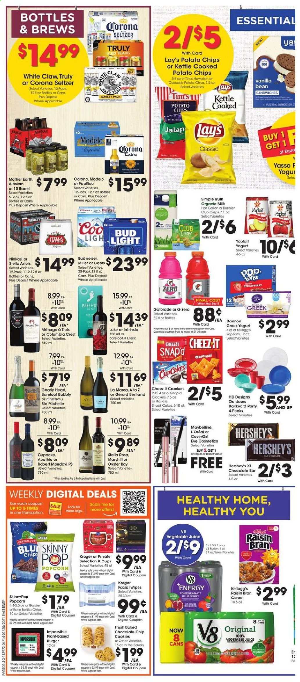 thumbnail - Fred Meyer Flyer - 04/14/2021 - 04/20/2021 - Sales products - Budweiser, Stella Artois, Coors, cupcake, cod, oysters, hamburger, greek yoghurt, yoghurt, Yoplait, Dannon, organic milk, Hershey's, cookies, snack, crackers, Kellogg's, Mother Earth, Pop-Tarts, Keebler, potato chips, chips, Lay’s, popcorn, cereals, Raisin Bran, juice, vegetable juice, Gatorade, seltzer water, coffee capsules, K-Cups, White Claw, TRULY, beer, Bud Light, Corona Extra, Miller, Modelo, wipes, Cascade, Crest, L’Oréal, Maybelline, cup, pomegranate. Page 2.