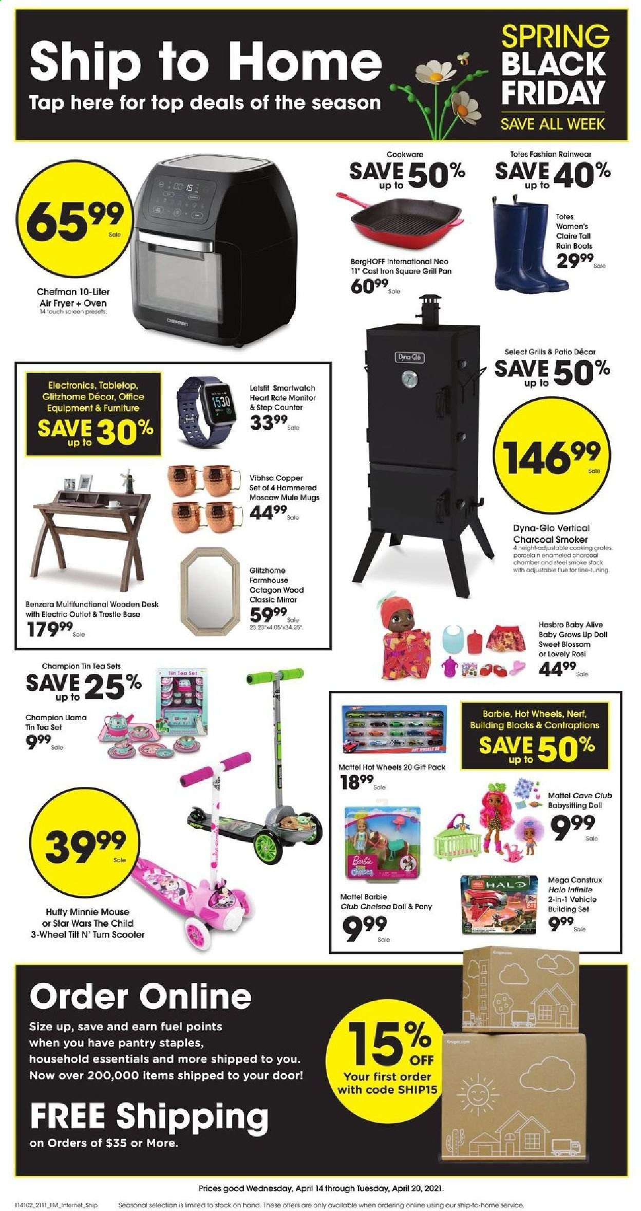 thumbnail - Fred Meyer Flyer - 04/14/2021 - 04/20/2021 - Sales products - Blossom, tea, tea set, Barbie, cookware set, pan, grill pan, Minnie Mouse, Nerf, pet bed, smart watch, building blocks, building set, doll, Mattel, Hasbro, vehicle, Hot Wheels, charcoal. Page 1.