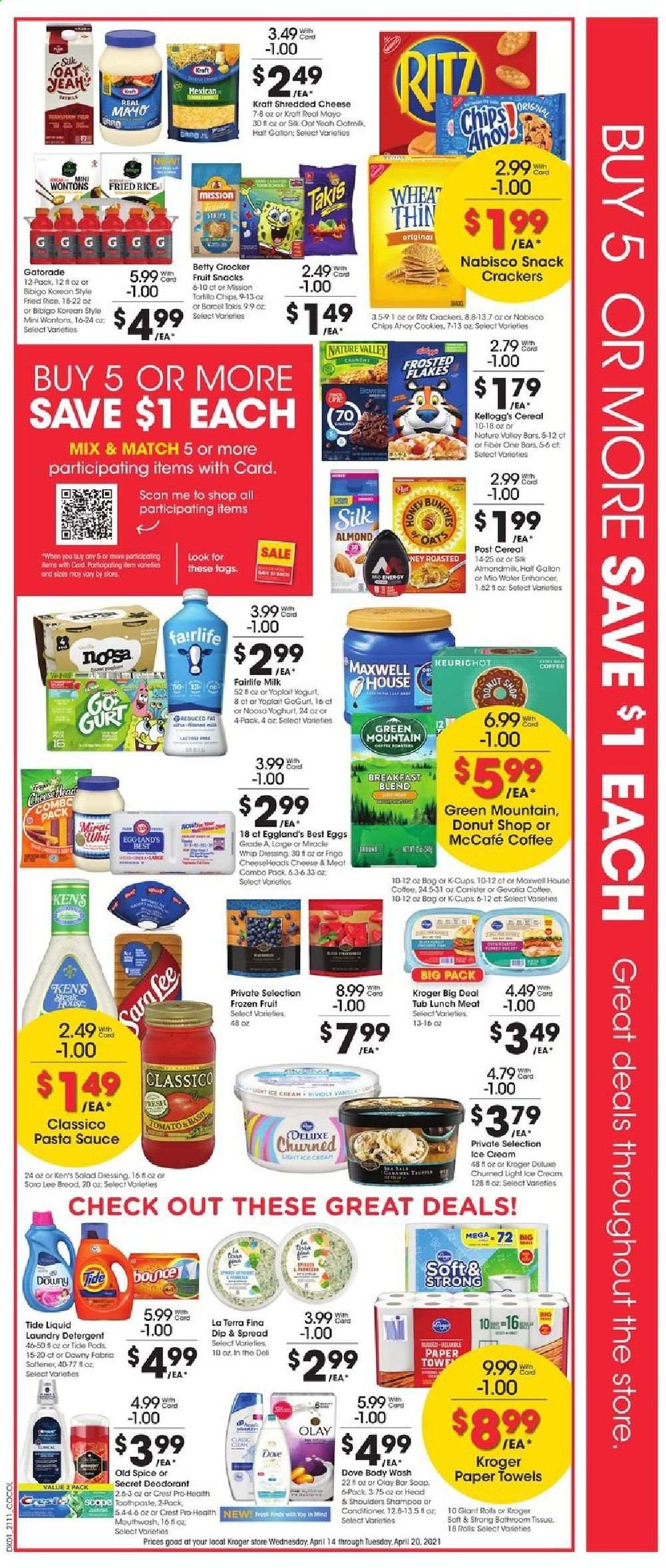 thumbnail - Kroger Flyer - 04/14/2021 - 04/20/2021 - Sales products - pasta sauce, sauce, Kraft®, lunch meat, shredded cheese, yoghurt, Yoplait, milk, Silk, oat milk, eggs, mayonnaise, Miracle Whip, crackers, Kellogg's, fruit snack, RITZ, oats, sea salt, cereals, Frosted Flakes, Nature Valley, Fiber One, rice, spice, dressing, Classico, Gatorade, Maxwell House, coffee, coffee capsules, McCafe, K-Cups, Gevalia, breakfast blend, Green Mountain, Dove, bath tissue, tissues, kitchen towels, paper towels, detergent, Tide, laundry detergent, Bounce, Downy Laundry, body wash, shampoo, Old Spice, toothpaste, mouthwash, Crest, Olay, conditioner, Head & Shoulders, anti-perspirant, deodorant, mouse, coat, Lee. Page 2.