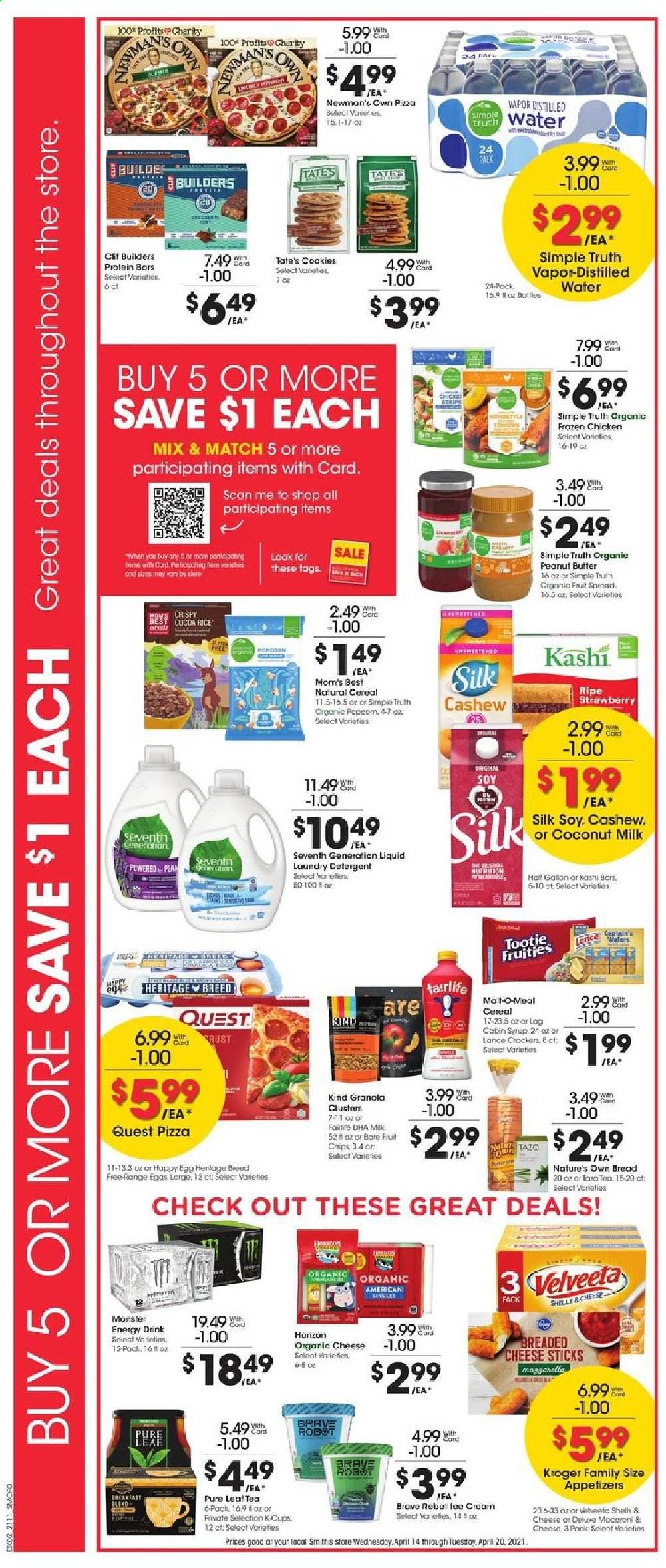 thumbnail - Smith's Flyer - 04/14/2021 - 04/20/2021 - Sales products - bread, pizza, Silk, eggs, cheese sticks, cookies, Smith's, popcorn, malt, coconut milk, cereals, granola, protein bar, Mom's Best, cocoa rice, peanut butter, syrup, energy drink, Monster, tea, Pure Leaf, coffee capsules, K-Cups, detergent, laundry detergent, Nature's Own. Page 3.
