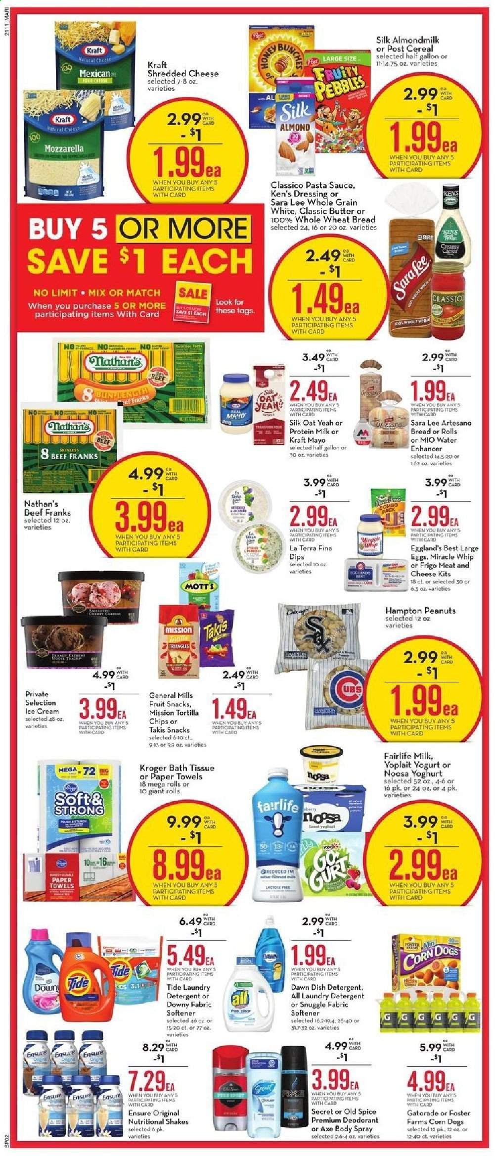 thumbnail - Mariano’s Flyer - 04/14/2021 - 04/20/2021 - Sales products - wheat bread, Sara Lee, corn, pasta sauce, Kraft®, mozzarella, shredded cheese, yoghurt, Yoplait, almond milk, milk, Silk, shake, large eggs, butter, mayonnaise, Miracle Whip, ice cream, fruit snack, tortilla chips, chips, cereals, Fruity Pebbles, spice, dressing, peanuts, Mott's, Gatorade, detergent, Snuggle, Tide, fabric softener, laundry detergent, Downy Laundry. Page 3.