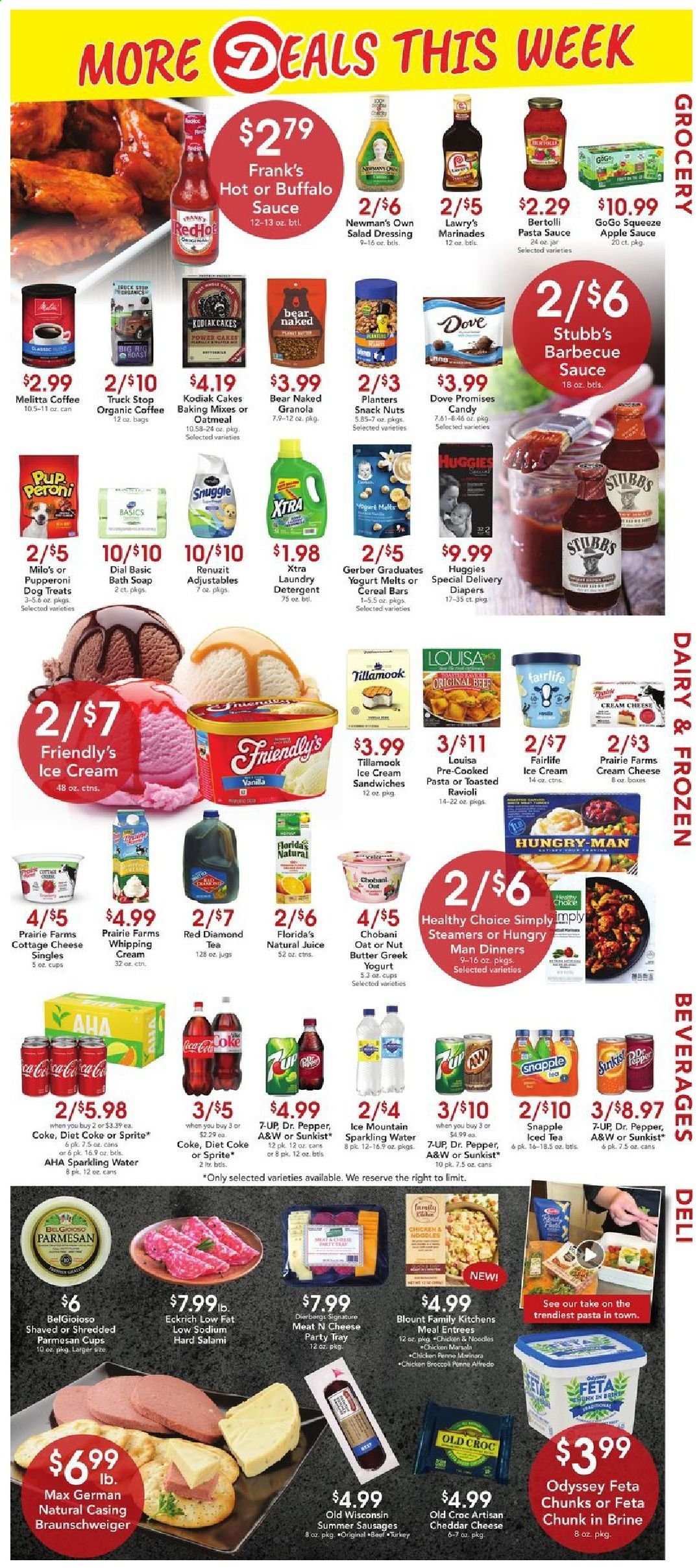 thumbnail - Dierbergs Flyer - 04/13/2021 - 04/19/2021 - Sales products - cake, pasta sauce, sauce, noodles, Healthy Choice, Bertolli, salami, sausage, cottage cheese, cheddar, parmesan, feta, greek yoghurt, yoghurt, Chobani, whipping cream, ice cream, ice cream sandwich, Friendly's Ice Cream, snack, cereal bar, Florida's Natural, Gerber, oatmeal, granola, ravioli, penne, pepper, BBQ sauce, salad dressing, dressing, apple sauce, nut butter, Planters, Coca-Cola, Sprite, juice, Dr. Pepper, Diet Coke, 7UP, Snapple, Milo's, A&W, sparkling water, Ice Mountain, organic coffee, Peroni, Huggies. Page 6.