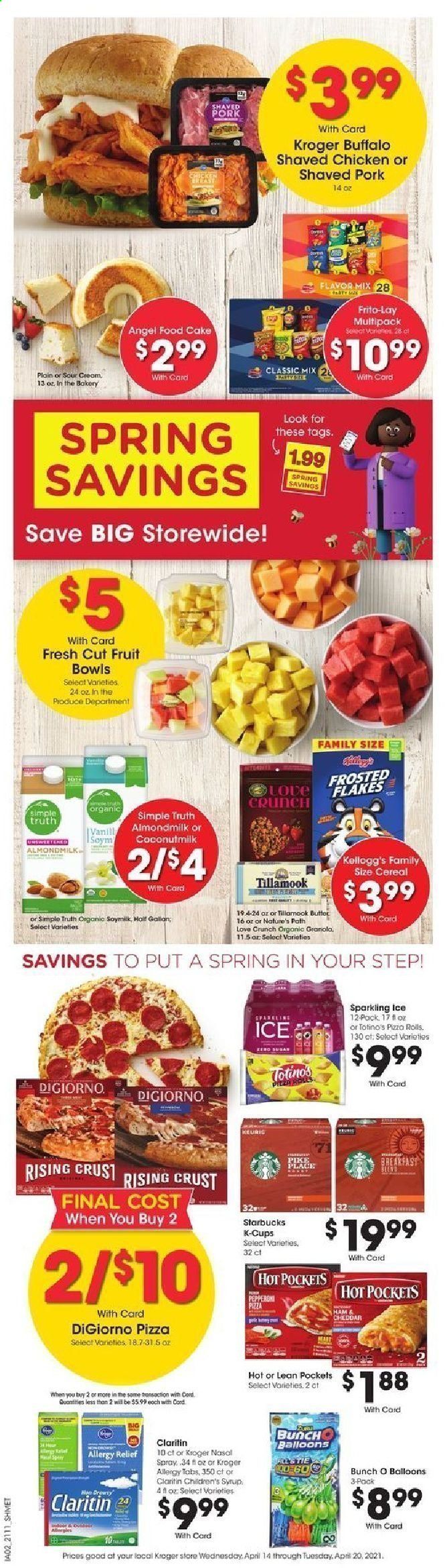 thumbnail - Kroger Flyer - 04/14/2021 - 04/20/2021 - Sales products - cake, Angel Food, pizza, ham, almond milk, butter, Kellogg's, Frito-Lay, coconut milk, cereals, Frosted Flakes, syrup, Starbucks, coffee capsules, K-Cups, balloons, allergy relief. Page 8.