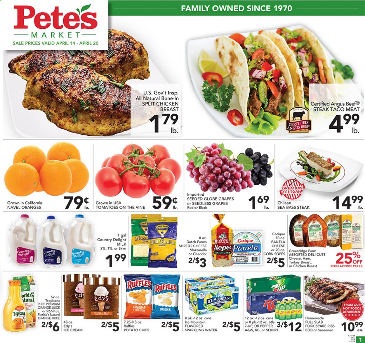thumbnail - Pete's Fresh Market Flyer - 04/14/2021 - 04/20/2021 - Sales products - seedless grapes, corn, tomatoes, grapes, sea bass, ham, cheese, milk, ice cream, Florida's Natural, potato chips, chips, Ruffles, orange juice, juice, Dr. Pepper, 7UP, A&W, sparkling water, Ice Mountain, turkey breast, chicken breasts, beef meat, steak, pork meat, pork ribs, pork spare ribs, navel oranges. Page 1.