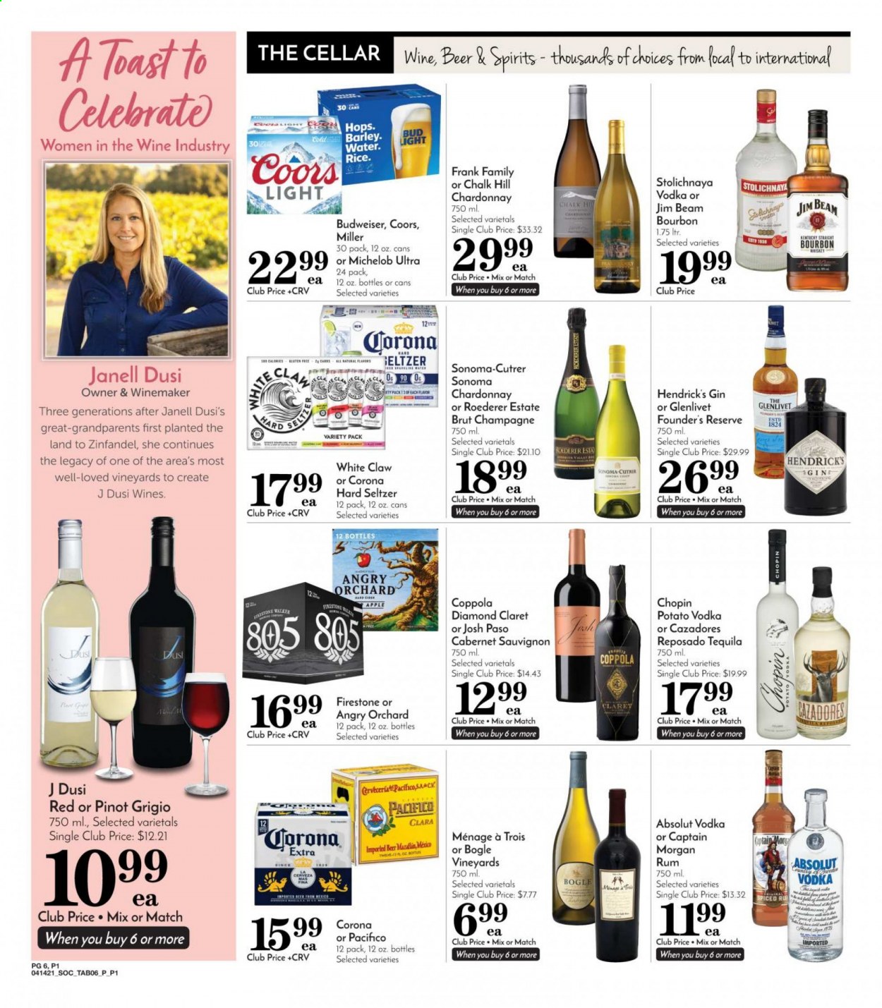 thumbnail - Pavilions Flyer - 04/14/2021 - 04/20/2021 - Sales products - Budweiser, Coors, Michelob, seltzer water, Cabernet Sauvignon, champagne, Chardonnay, Pinot Grigio, bourbon, Captain Morgan, gin, rum, tequila, vodka, whiskey, Absolut, Ron Pelicano, Jim Beam, White Claw, Hard Seltzer, Hendrick's, bourbon whiskey, whisky, cider, beer, Bud Light, Corona Extra, Miller, Brut. Page 8.