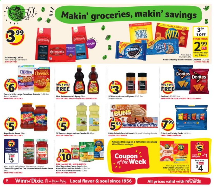 thumbnail - Winn Dixie Flyer - 04/14/2021 - 04/20/2021 - Sales products - cake, buns, donut, pasta sauce, sauce, Kraft®, Oreo, cookies, snack, crackers, RITZ, Doritos, chips, Thins, cereals, granola, Cheerios, rice, ragu, Classico, oil, honey, syrup, coffee, cup. Page 8.