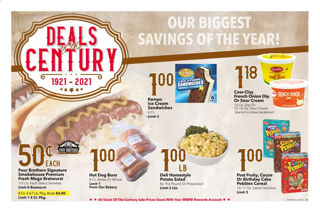 thumbnail - Cash Wise Flyer - 04/14/2021 - 04/20/2021 - Sales products - cake, buns, salad, Four Brothers, bratwurst, potato salad, Kemps, sour cream, dip, ice cream, ice cream sandwich, cocoa, cereals, Fruity Pebbles. Page 1.
