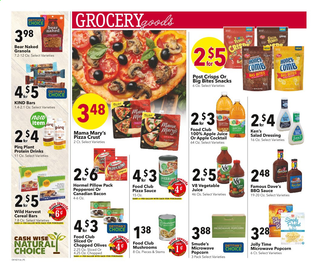 thumbnail - Cash Wise Flyer - 04/14/2021 - 04/20/2021 - Sales products - pizza, sauce, Wild Harvest, Hormel, bacon, canadian bacon, pepperoni, protein drink, snack, cereal bar, popcorn, plant protein, olives, cereals, granola, BBQ sauce, salad dressing, dressing, honey, apple juice, juice, vegetable juice. Page 10.