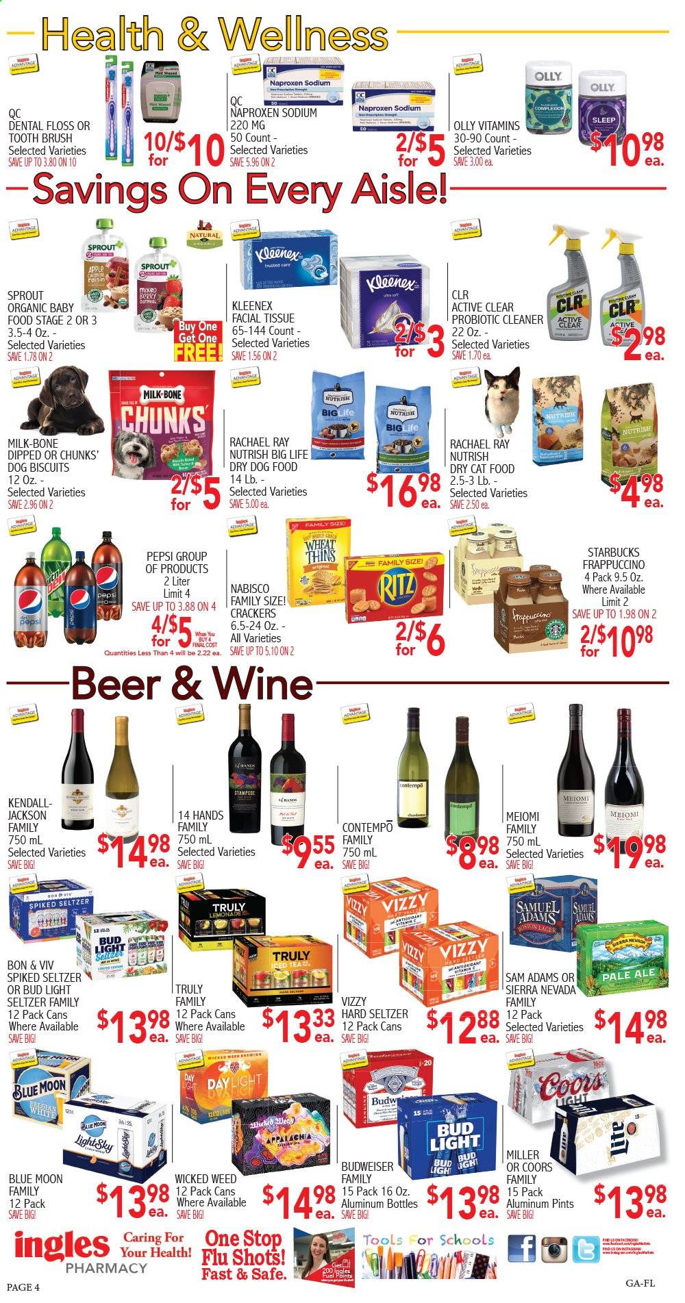 thumbnail - Ingles Flyer - 04/14/2021 - 04/20/2021 - Sales products - Budweiser, Coors, Blue Moon, milk, crackers, RITZ, Thins, lemonade, Pepsi, seltzer water, Starbucks, frappuccino, wine, Hard Seltzer, TRULY, beer, Bud Light, Miller, organic baby food, Kleenex, tissues, cleaner, toothbrush. Page 4.