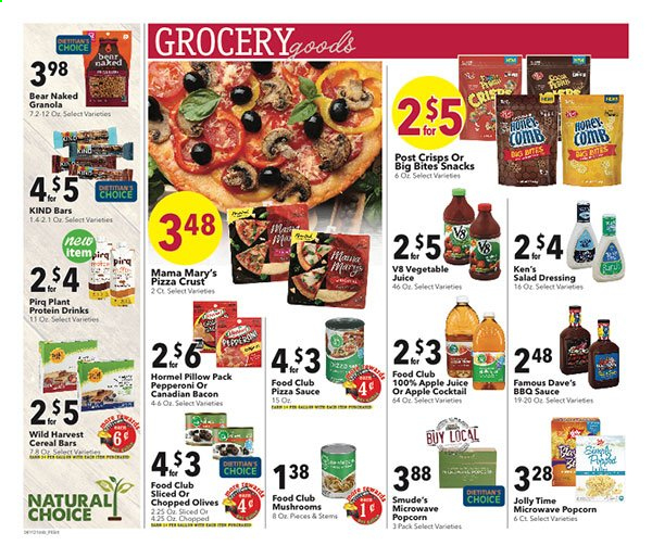 thumbnail - Coborn's Flyer - 04/14/2021 - 04/20/2021 - Sales products - pizza, sauce, Wild Harvest, Hormel, bacon, canadian bacon, pepperoni, protein drink, snack, cereal bar, popcorn, plant protein, olives, cereals, granola, BBQ sauce, salad dressing, dressing, apple juice, juice, vegetable juice, comb, pillow. Page 6.