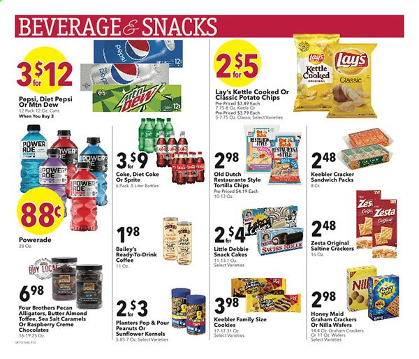 thumbnail - Coborn's Flyer - 04/14/2021 - 04/20/2021 - Sales products - cake, sandwich, Four Brothers, butter, cookies, graham crackers, wafers, chocolate, snack, toffee, crackers, Keebler, tortilla chips, potato chips, chips, Lay’s, Honey Maid, peanuts, sunflower kernels, Planters, Coca-Cola, Mountain Dew, Sprite, Powerade, Pepsi, Diet Pepsi, Diet Coke, coffee, Baileys. Page 9.
