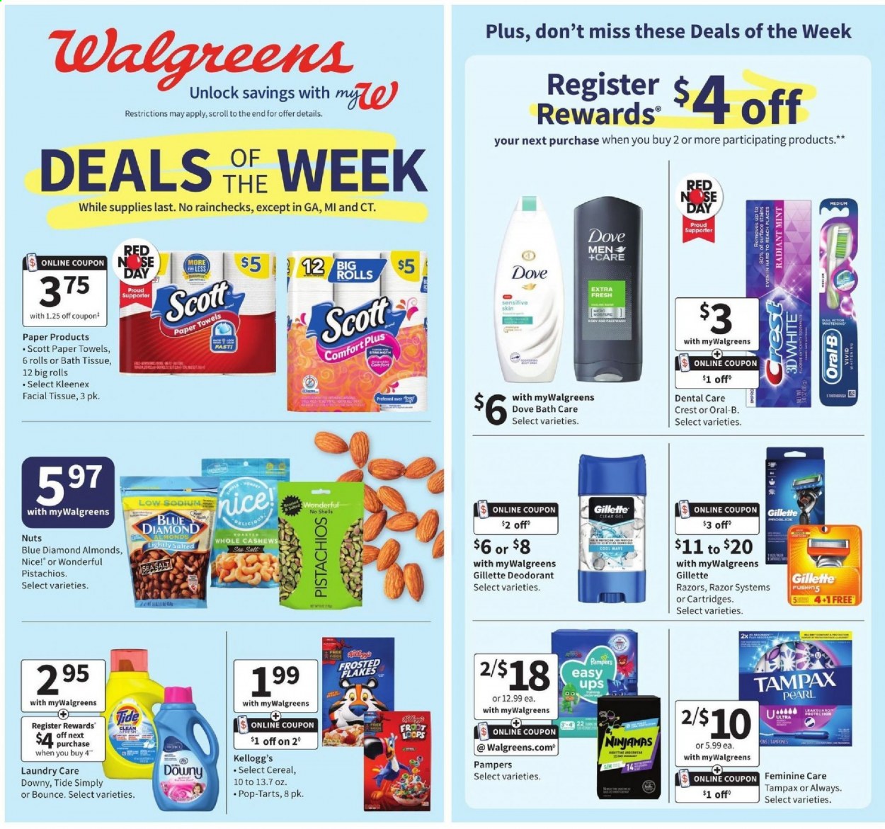 thumbnail - Walgreens Flyer - 04/18/2021 - 04/24/2021 - Sales products - Scott, Kellogg's, Pop-Tarts, Nice!, cereals, Frosted Flakes, almonds, cashews, pistachios, Blue Diamond, Pampers, bath tissue, Kleenex, kitchen towels, paper towels, Tide, Bounce, Dove, Oral-B, Crest, Tampax, anti-perspirant, deodorant, Gillette, razor. Page 1.