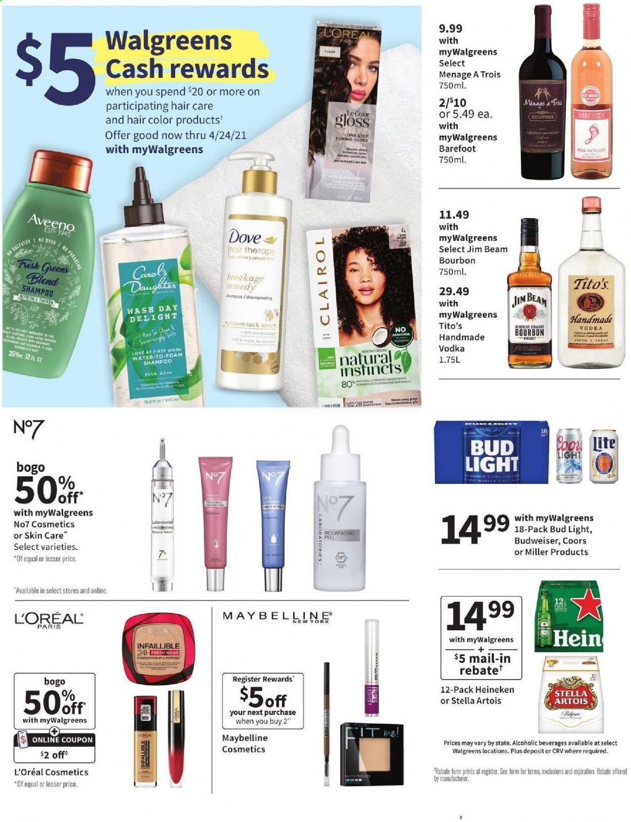 thumbnail - Walgreens Flyer - 04/18/2021 - 04/24/2021 - Sales products - Moscato, rosé wine, Aveeno, Dove, shampoo, L’Oréal, serum, Clairol, hair color. Page 3.