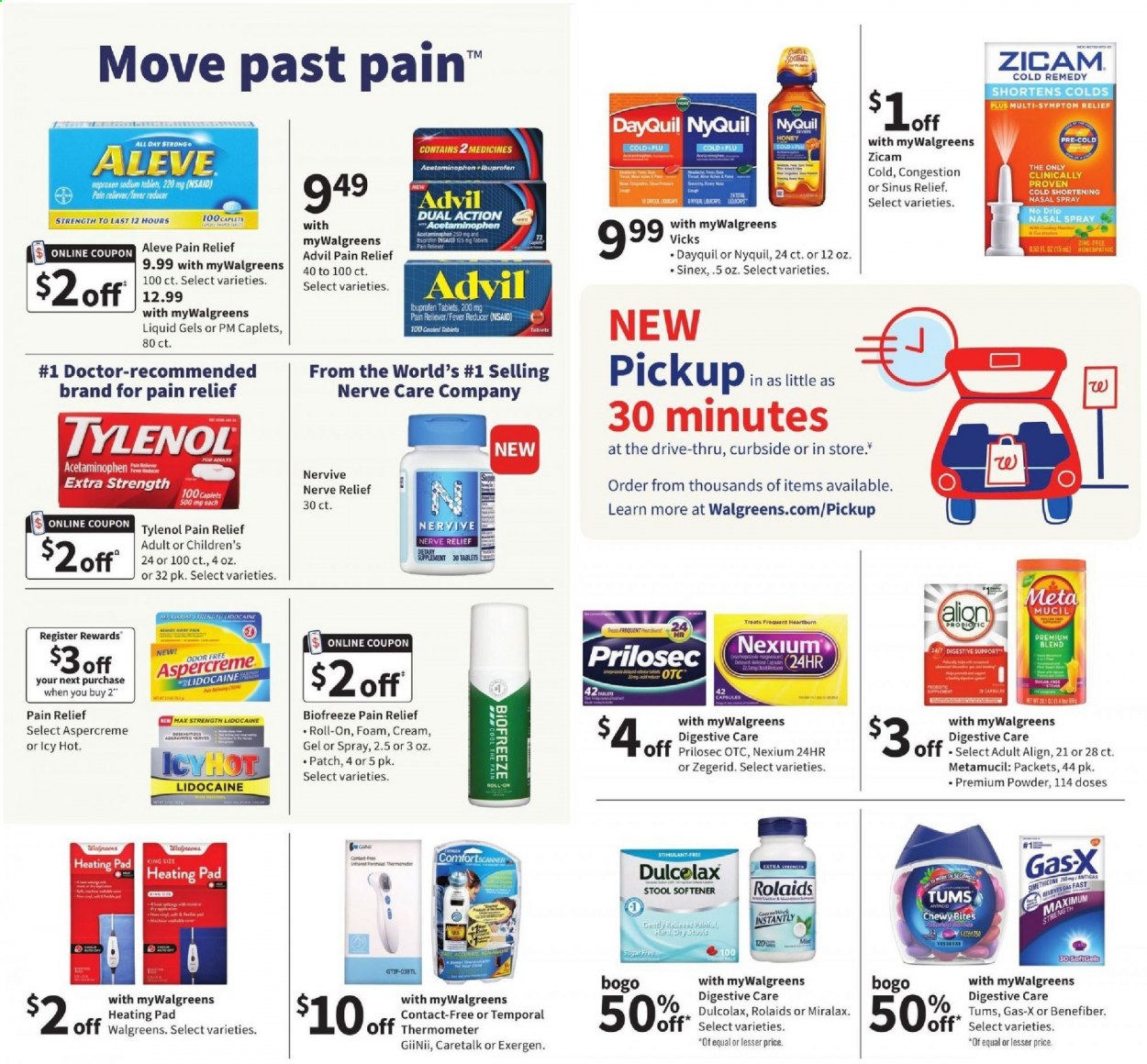 thumbnail - Walgreens Flyer - 04/18/2021 - 04/24/2021 - Sales products - shortening, fabric softener, roll-on, Vicks, heating pad, pain relief, Aleve, DayQuil, Dulcolax, MiraLAX, Tylenol, NyQuil, Aspercreme, Nexium, Advil Rapid, Metamucil, nasal spray, Sinex, thermometer. Page 17.