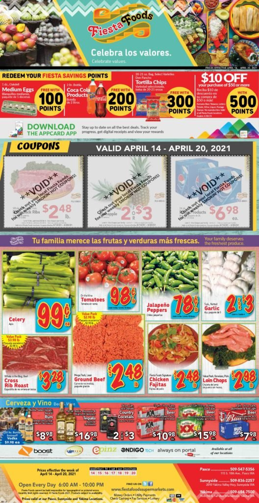 thumbnail - Fiesta Foods SuperMarkets Flyer - 04/14/2021 - 04/20/2021 - Sales products - tortillas, celery, garlic, tomatoes, jalapeño, fajita, eggs, chips, Boost, beer, beef meat, ground beef, peppers. Page 1.