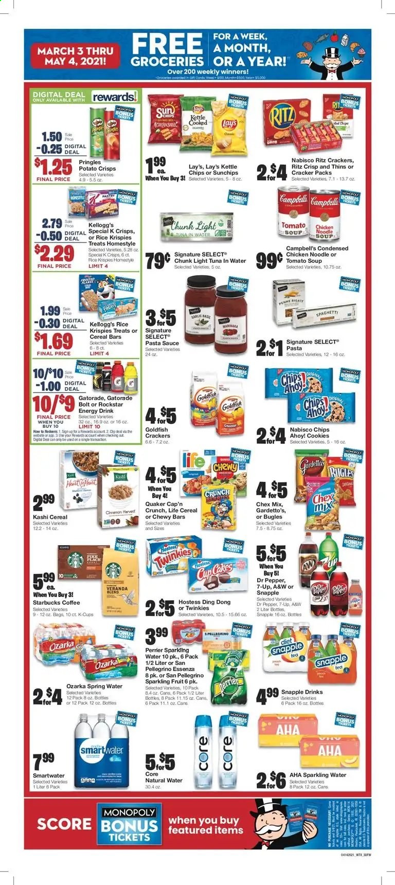 thumbnail - Market Street Flyer - 04/14/2021 - 04/20/2021 - Sales products - tuna, Campbell's, tomato soup, pasta sauce, soup, sauce, Quaker, noodles, cookies, cereal bar, crackers, Kellogg's, Chips Ahoy!, RITZ, potato crisps, Pringles, chips, Lay’s, Thins, Goldfish, Chex Mix, tuna in water, light tuna, Rice Krispies, Cap'n Crunch, spaghetti, energy drink, Dr. Pepper, 7UP, Snapple, A&W, Perrier, Rockstar, Gatorade, spring water, sparkling water, coffee, Starbucks, coffee capsules, K-Cups, sake, cap, Monopoly. Page 3.