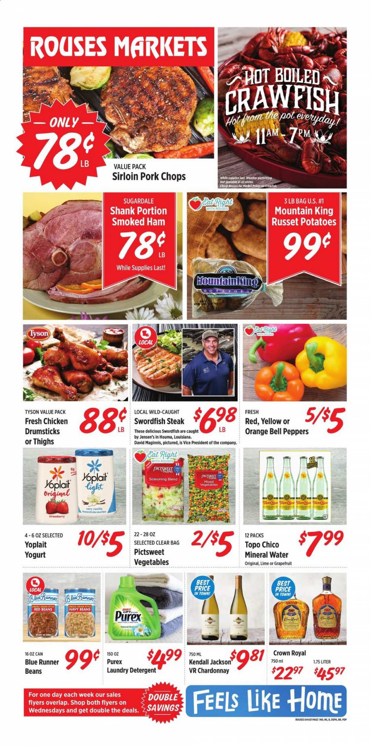 thumbnail - Rouses Markets Flyer - 04/14/2021 - 04/21/2021 - Sales products - beans, bell peppers, peppers, grapefruits, oranges, swordfish, Sugardale, ham, smoked ham, yoghurt, Yoplait, mixed vegetables, navy beans, red beans, spice, mineral water, white wine, Chardonnay, wine, steak, pork chops, pork meat, detergent, laundry detergent, Purex, russet potatoes. Page 1.