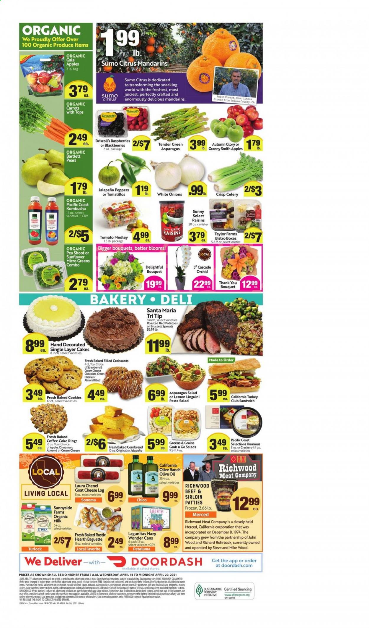 thumbnail - Save Mart Flyer - 04/14/2021 - 04/20/2021 - Sales products - micro greens, Bartlett pears, baguette, cake, corn bread, croissant, coffee cake, asparagus, carrots, celery, potatoes, onion, jalapeño, brussel sprouts, red potatoes, blackberries, Gala, mandarines, raspberries, pears, Granny Smith, sandwich, pasta, goat cheese, organic milk, cookies, crackers, cinnamon, olive oil, oil, raisins, dried fruit, kombucha, coffee, Cascade, sumo citrus. Page 6.
