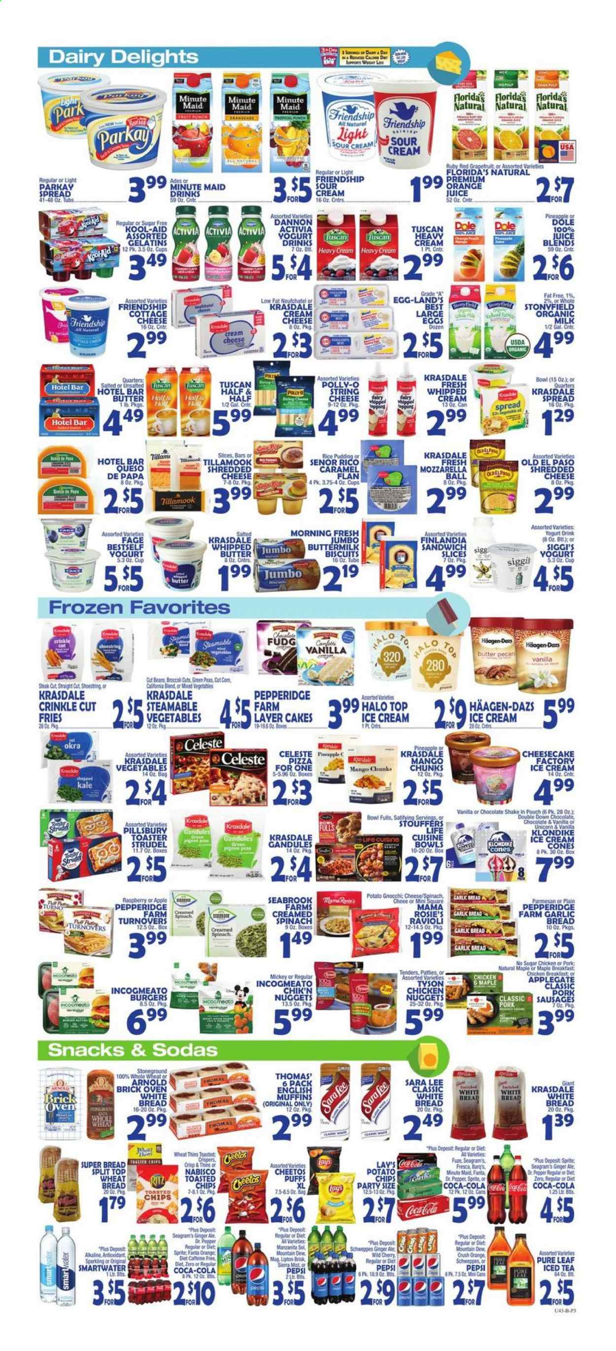 thumbnail - Bravo Supermarkets Flyer - 04/16/2021 - 04/22/2021 - Sales products - english muffins, wheat bread, white bread, strudel, Old El Paso, Sara Lee, turnovers, puffs, broccoli, kale, okra, Dole, mango, gnocchi, ravioli, pizza, sandwich, nuggets, hamburger, Pillsbury, chicken nuggets, sausage, cottage cheese, cream cheese, sandwich slices, shredded cheese, string cheese, parmesan, pudding, yoghurt, Activia, Dannon, buttermilk, organic milk, yoghurt drink, shake, large eggs, whipped butter, sour cream, whipped cream, ice cream, Häagen-Dazs, potato fries, Celeste, snack, biscuit, Florida's Natural, RITZ, potato chips, Cheetos, Lay’s, Thins, rice, caramel, Coca-Cola, ginger ale, Mountain Dew, Schweppes, Sprite, Pepsi, orange juice, juice, Fanta, Lipton, ice tea, fruit punch, Smartwater, Pure Leaf, red wine, wine, Sol, steak, Half and half. Page 3.
