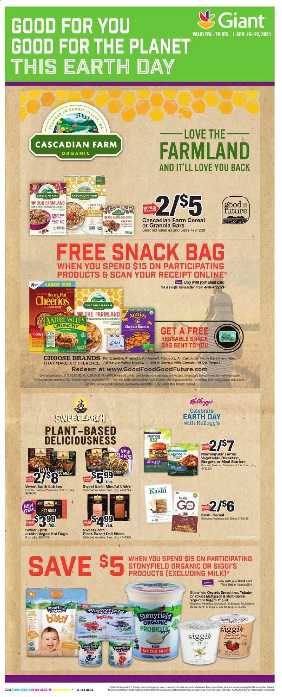 thumbnail - Giant Food Flyer - 04/16/2021 - 04/22/2021 - Sales products - hot dog, hamburger, MorningStar Farms, Annie's, yoghurt, milk, snack, Kellogg's, oats, cereals, Cheerios, granola bar, Nature Valley, smoothie, gin. Page 7.