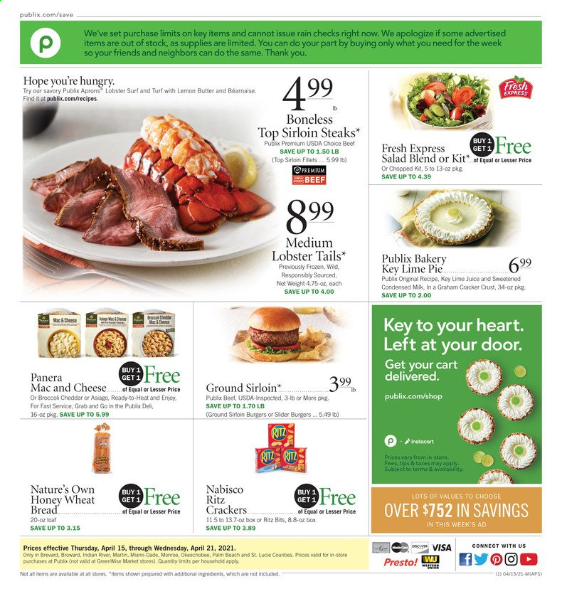 thumbnail - Publix Flyer - 04/15/2021 - 04/21/2021 - Sales products - wheat bread, lobster, lobster tail, macaroni & cheese, hamburger, asiago, milk, condensed milk, crackers, RITZ, steak, sirloin steak, Surf, Nature's Own. Page 2.