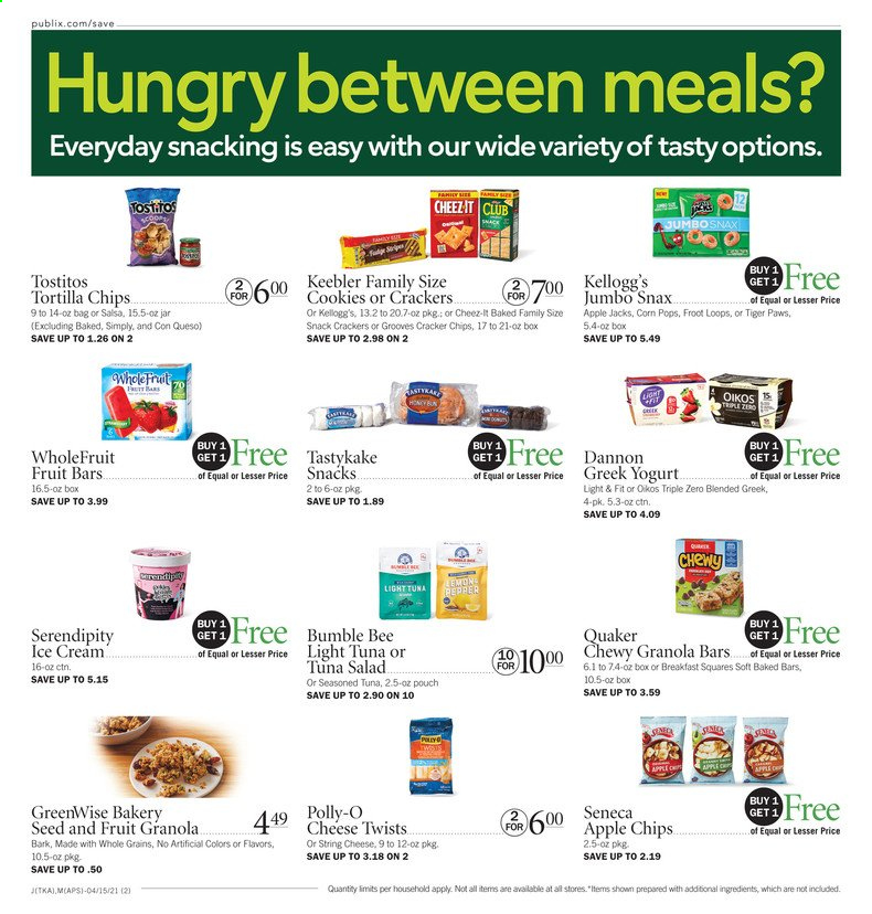 thumbnail - Publix Flyer - 04/15/2021 - 04/21/2021 - Sales products - Bumble Bee, Quaker, tuna salad, string cheese, cheese, greek yoghurt, yoghurt, Oikos, Dannon, ice cream, cookies, snack, crackers, Kellogg's, Keebler, tortilla chips, chips, Tostitos, light tuna, granola bar, Corn Pops, salsa, Paws. Page 3.