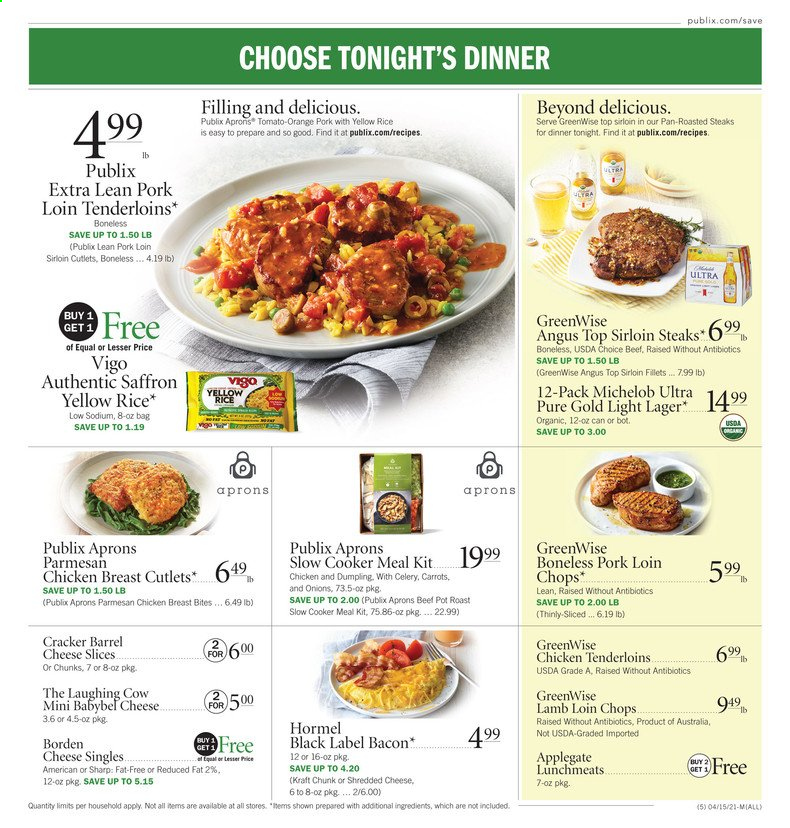 thumbnail - Publix Flyer - 04/15/2021 - 04/21/2021 - Sales products - Michelob, oranges, dumplings, Kraft®, Hormel, bacon, lunch meat, shredded cheese, sliced cheese, parmesan, The Laughing Cow, Babybel, crackers, rice, beer, Lager, chicken breasts, steak, sirloin steak, pork chops, pork loin, pork meat, lamb loin, lamb meat. Page 9.