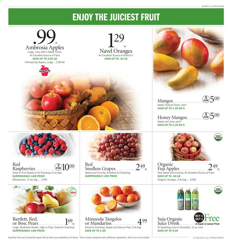 thumbnail - Publix Flyer - 04/15/2021 - 04/21/2021 - Sales products - seedless grapes, tangelos, apples, blueberries, grapes, mandarines, mango, raspberries, pears, oranges, Fuji apple, juice, smoothie, vitamin c, navel oranges. Page 11.