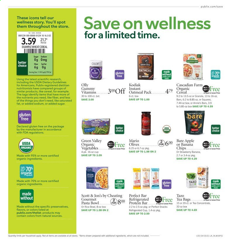 thumbnail - Publix Flyer - 04/15/2021 - 04/21/2021 - Sales products - cake, shrimps, Annie's, snack, chips, oatmeal, olives, cereals, granola, protein bar, rice, tea bags, bowl. Page 1.