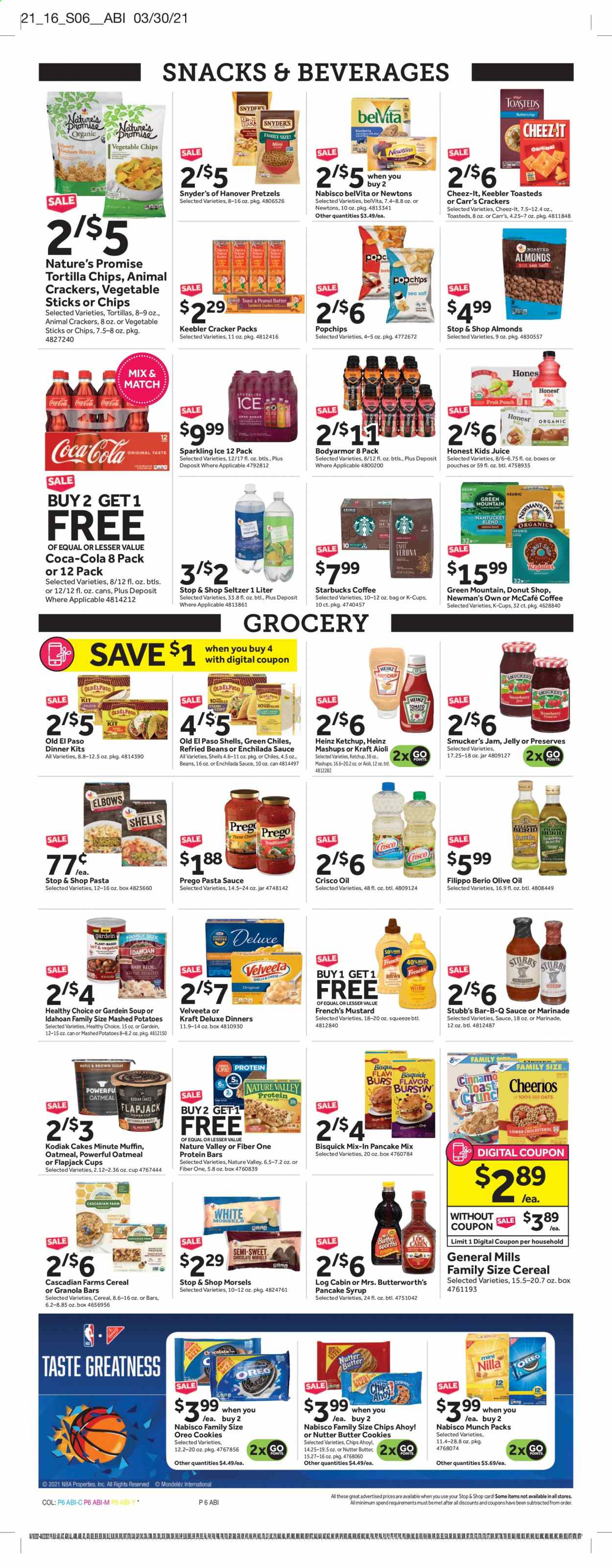 thumbnail - Stop & Shop Flyer - 04/16/2021 - 04/22/2021 - Sales products - pretzels, cake, Old El Paso, Nature’s Promise, muffin, mashed potatoes, pasta sauce, soup, dinner kit, Healthy Choice, Kraft®, Oreo, cookies, chocolate, butter cookies, snack, jelly, crackers, Chips Ahoy!, Keebler, tortilla chips, chips, vegetable chips, Cheez-It, Bisquick, Crisco, oatmeal, enchilada sauce, refried beans, Heinz, cereals, Cheerios, protein bar, granola bar, belVita, Nature Valley, Fiber One, mustard, ketchup, marinade, olive oil, oil, fruit jam, peanut butter, pancake syrup, syrup, almonds, Coca-Cola, juice, seltzer water, coffee, Starbucks, coffee capsules, McCafe, K-Cups, Green Mountain. Page 5.