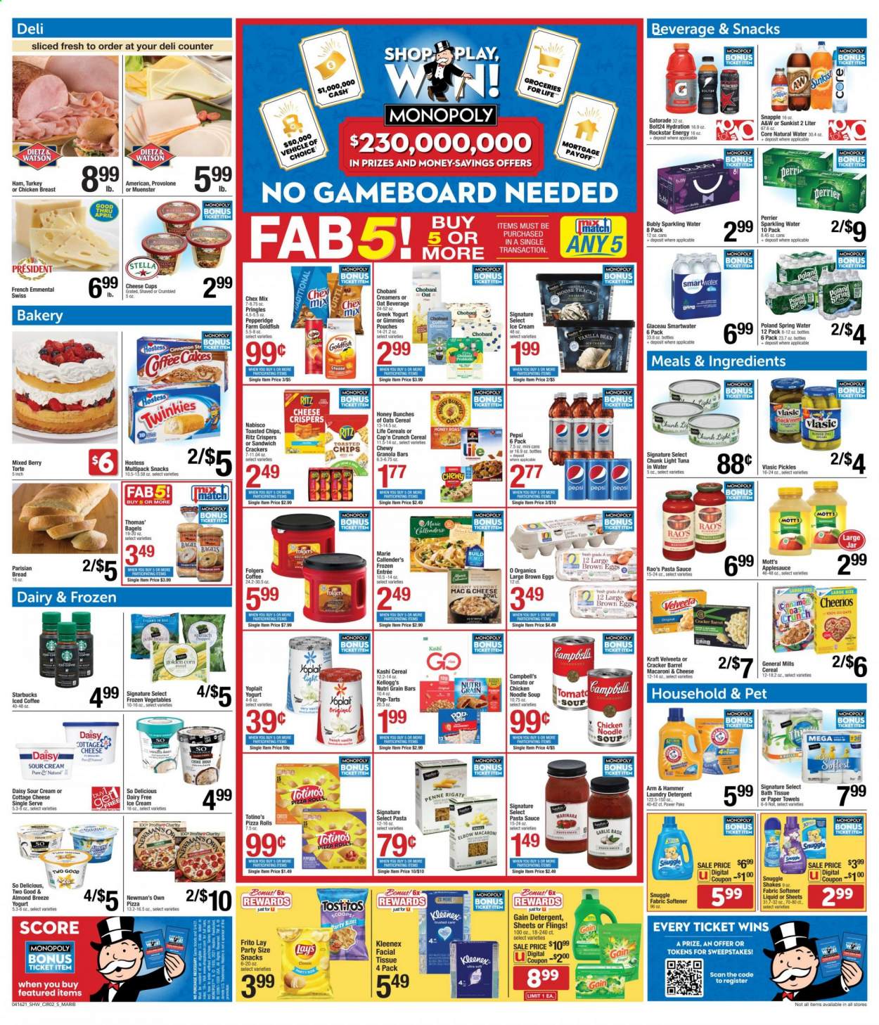 thumbnail - Shaw’s Flyer - 04/16/2021 - 04/22/2021 - Sales products - bagels, cake, pizza rolls, corn, garlic, tuna, Campbell's, macaroni & cheese, pizza, pasta sauce, soup, noodles, Marie Callender's, Kraft®, ham, pepperoni, cottage cheese, swiss cheese, cheese cup, Münster cheese, Président, greek yoghurt, yoghurt, Yoplait, Chobani, Almond Breeze, shake, eggs, sour cream, ice cream, dairy free ice cream, frozen vegetables, cookie dough, snack, crackers, Kellogg's, Pop-Tarts, RITZ, Pringles, Lay’s, Goldfish, Chex Mix, ARM & HAMMER, tuna in water, pickles, light tuna, cereals, Cheerios, granola bar, Cap'n Crunch, Nutri-Grain, penne, esponja, apple sauce, Pepsi, Snapple, A&W, Mott's, Perrier, Rockstar, Gatorade, spring water, sparkling water, iced coffee, Starbucks, Folgers, chicken breasts, bath tissue, Kleenex, kitchen towels, paper towels, detergent, Gain, Snuggle, fabric softener, laundry detergent, cup, bowl, bunches. Page 2.