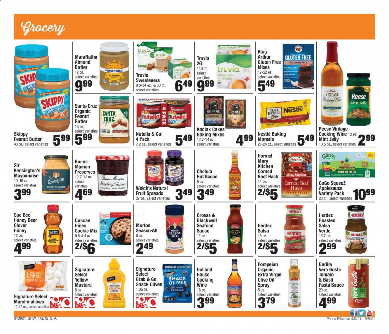thumbnail - Shaw’s Flyer - 04/09/2021 - 05/06/2021 - Sales products - cake, Welch's, beef hash, pasta sauce, sauce, Barilla, Hormel, corned beef, almond butter, mayonnaise, cookies, marshmallows, Nestlé, Nutella, snack, jelly, olives, mint jelly, mustard, hot sauce, salsa, extra virgin olive oil, olive oil, oil, apple sauce, honey, peanut butter, cooking wine, beef meat, Go!. Page 12.