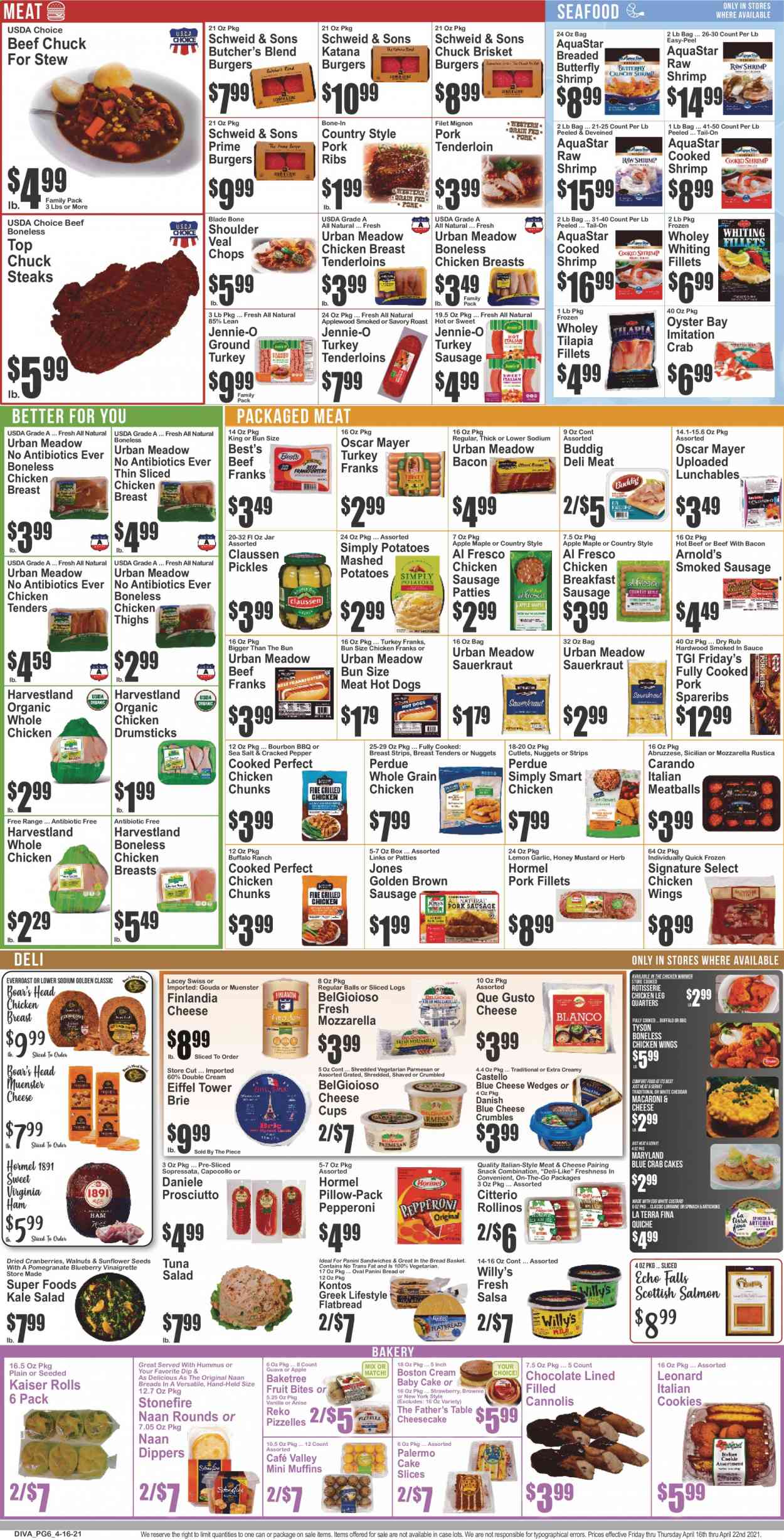 thumbnail - Key Food Flyer - 04/16/2021 - 04/22/2021 - Sales products - panini, flatbread, Father's Table, cheesecake, muffin, garlic, kale, salad, salmon, tilapia, tuna, oysters, seafood, shrimps, whiting fillets, whiting, crab cake, macaroni & cheese, mashed potatoes, hot dog, chicken roast, meatballs, nuggets, hamburger, Perdue®, Lunchables, Hormel, ham, prosciutto, virginia ham, Oscar Mayer, sausage, smoked sausage, pepperoni, chicken frankfurters, hummus, tuna salad, blue cheese, gouda, cheese cup, parmesan, brie, Münster cheese, cheese crumbles, custard, chicken wings, strips, quiche, cookies, chocolate, snack, cranberries, sauerkraut, pickles, pepper, herbs, mustard, vinaigrette dressing, honey mustard, salsa, walnuts, dried fruit, ground turkey, whole chicken, chicken legs, chicken tenders, chicken thighs, chicken drumsticks, turkey tenderloin, veal cutlet, veal meat, steak, beef tenderloin, pork meat, pork ribs, pork tenderloin, pork spare ribs, fork, bread basket, cup, pomegranate. Page 6.