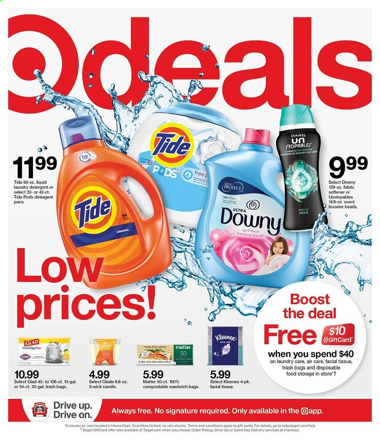 thumbnail - Target Flyer - 04/18/2021 - 04/24/2021 - Sales products - Boost, Kleenex, tissues, detergent, Tide, Unstopables, fabric softener, laundry detergent, Downy Laundry, trash bags, candle, Glade, bag. Page 1.