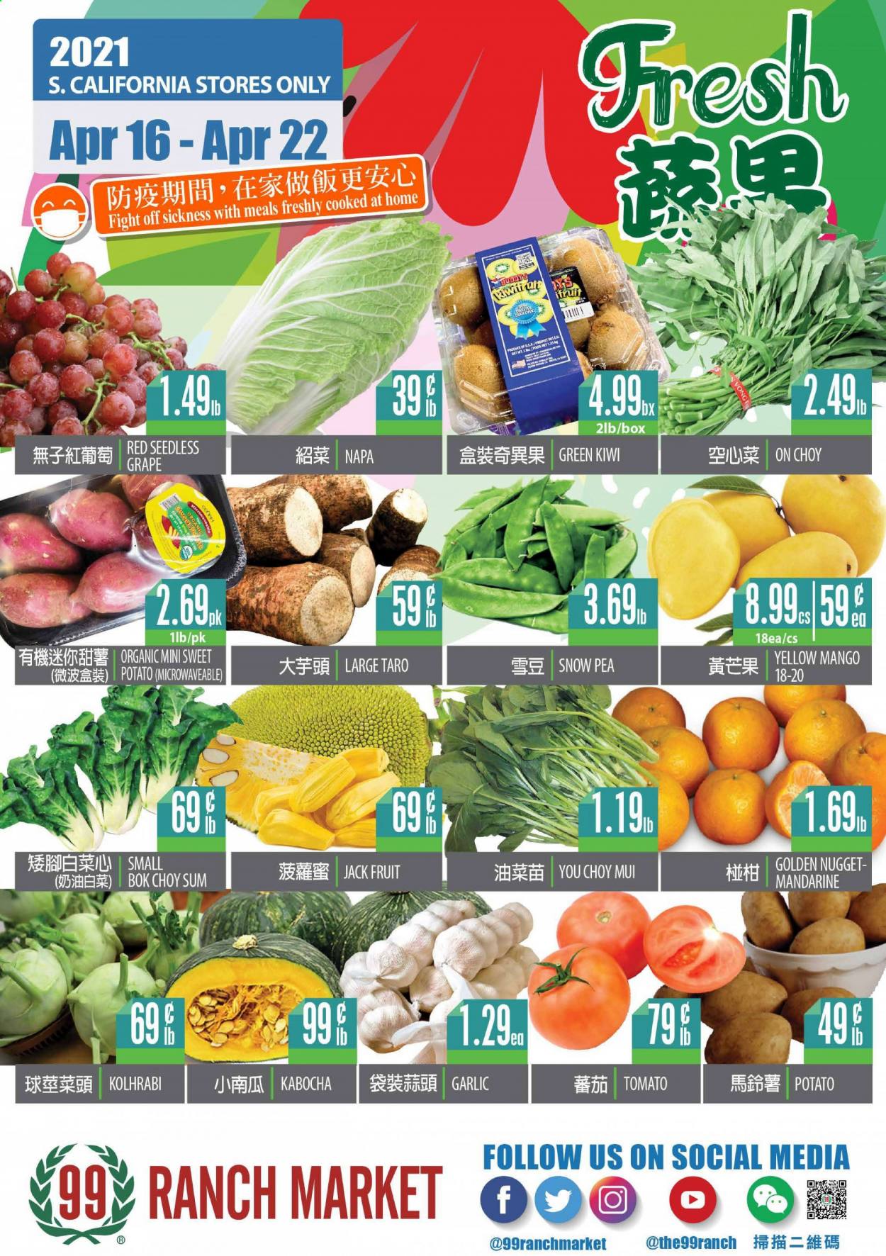 thumbnail - 99 Ranch Market Flyer - 04/16/2021 - 04/22/2021 - Sales products - bok choy, garlic, pumpkin, kiwi, mango. Page 1.