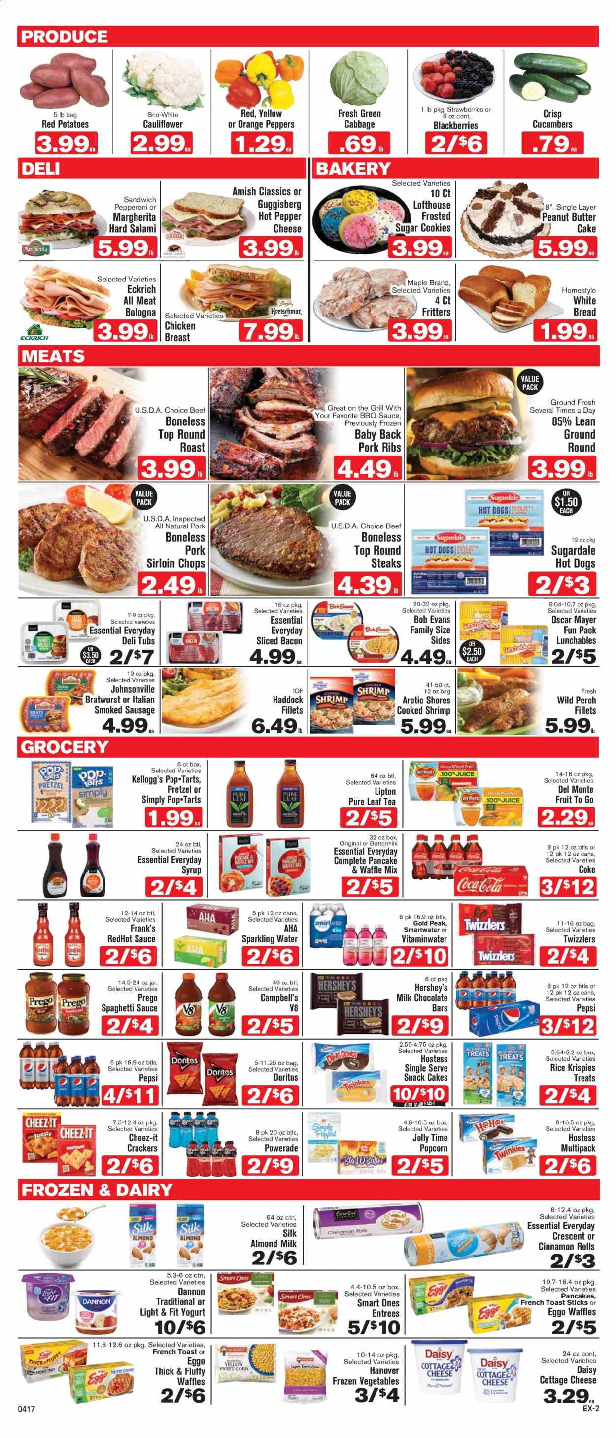 thumbnail - Shop ‘n Save Express Flyer - 04/17/2021 - 04/23/2021 - Sales products - bread, white bread, pretzels, cake, cinnamon roll, waffles, butter cake, cabbage, cauliflower, cucumber, potatoes, peppers, red potatoes, blackberries, strawberries, oranges, chicken breasts, beef meat, steak, round roast, Johnsonville, Bob Evans, pork loin, pork meat, pork ribs, pork back ribs, haddock, perch, shrimps, Arctic Shores, Campbell's, spaghetti, hot dog, sandwich, pancakes, Lunchables, spaghetti sauce, Sugardale, bacon, salami, bologna sausage, Oscar Mayer, bratwurst, sausage, smoked sausage, pepperoni, cottage cheese, cheese, yoghurt, Dannon, almond milk, buttermilk, Hershey's, frozen vegetables, cookies, milk chocolate, chocolate, snack, crackers, Kellogg's, Doritos, popcorn, Cheez-It, sugar, Rice Krispies, pepper, BBQ sauce, peanut butter, syrup, Coca-Cola, Powerade, Pepsi, Lipton, sparkling water, tea, Pure Leaf. Page 2.