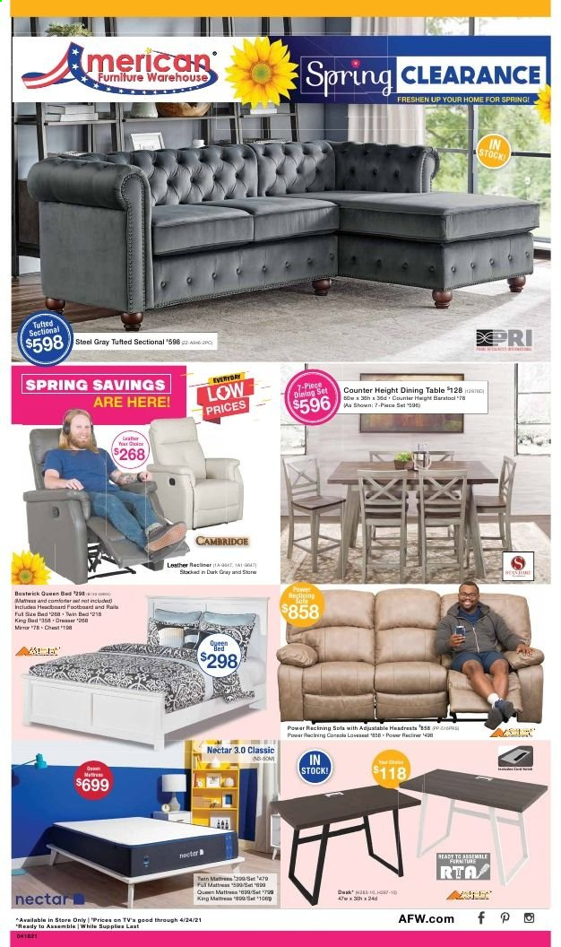 thumbnail - American Furniture Warehouse Flyer - 04/18/2021 - 04/24/2021 - Sales products - dining table, table, bed, queen bed, headboard, mattress, mirror. Page 1.