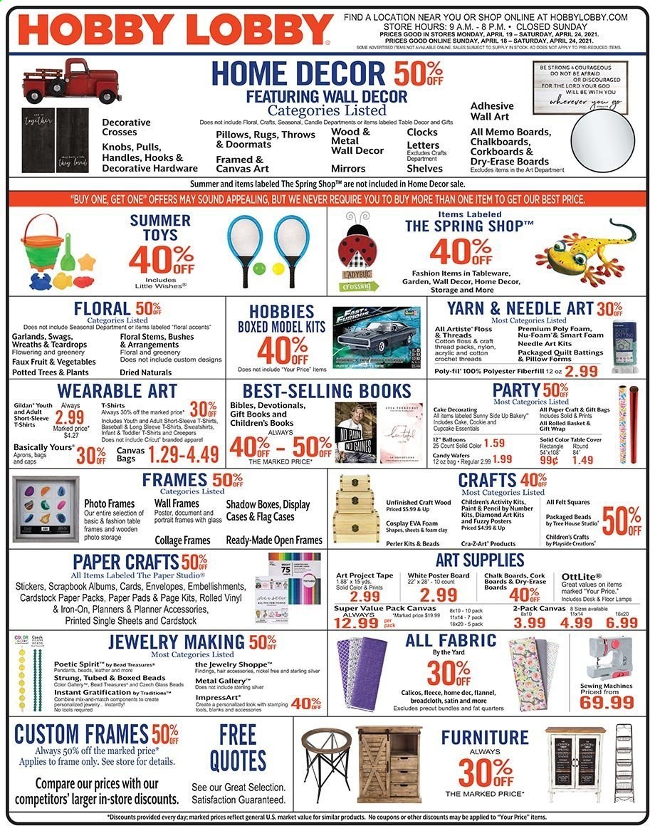 thumbnail - Hobby Lobby Flyer - 04/18/2021 - 04/24/2021 - Sales products - sticker, gift wrap, envelope, paper, pencil, scrapbook, sketch pad, canvas, balloons, pillow, quilt, satin sheets, mirror, wall decor. Page 1.