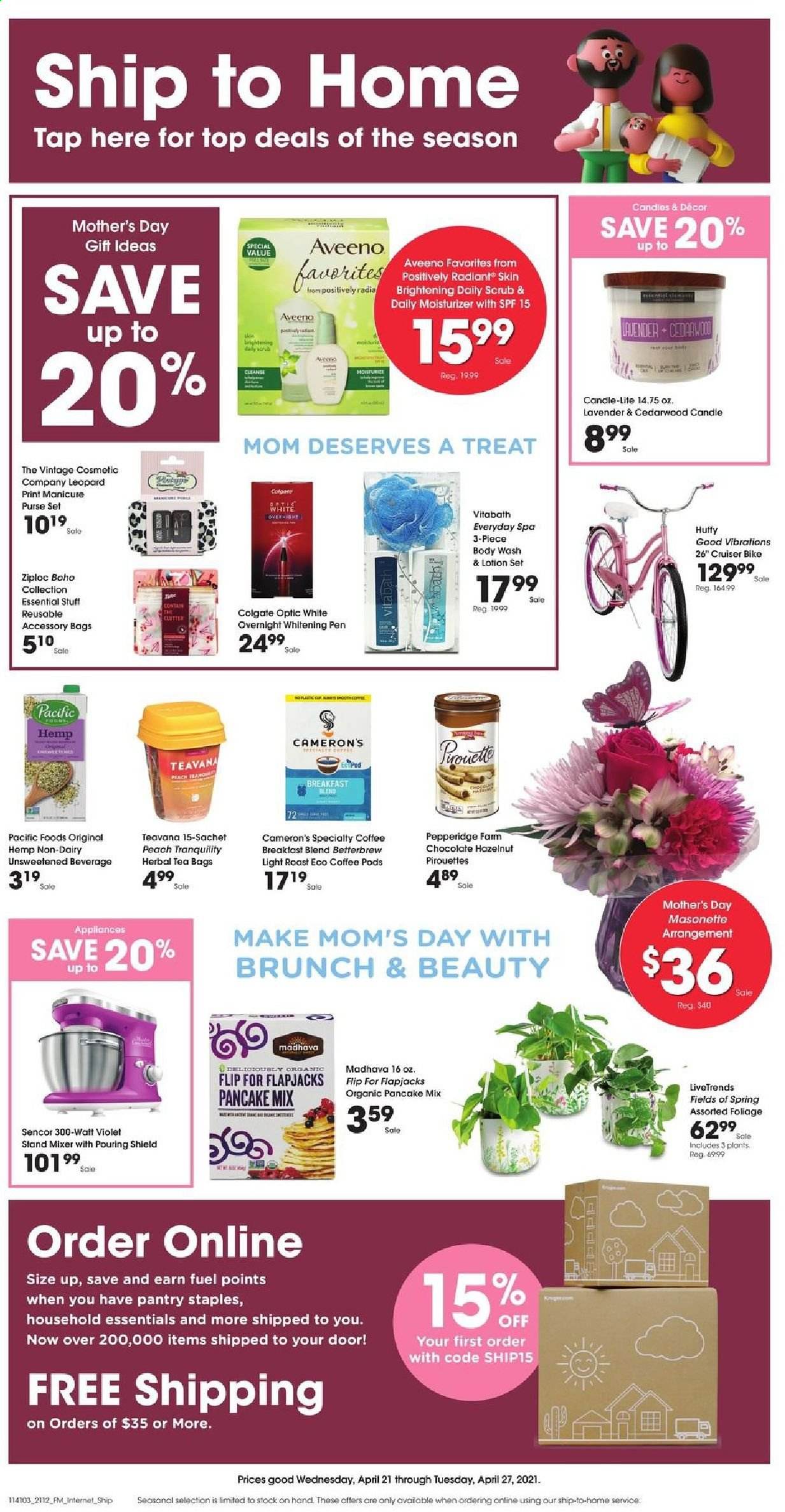 thumbnail - Kroger Flyer - 04/21/2021 - 04/27/2021 - Sales products - pancakes, chocolate, herbal tea, tea bags, coffee pods, breakfast blend, Aveeno, body wash, Colgate, moisturizer, body lotion, Daily Scrub, Ziploc, manicure, pen, candle, mixer, stand mixer, wallet, cruiser. Page 1.