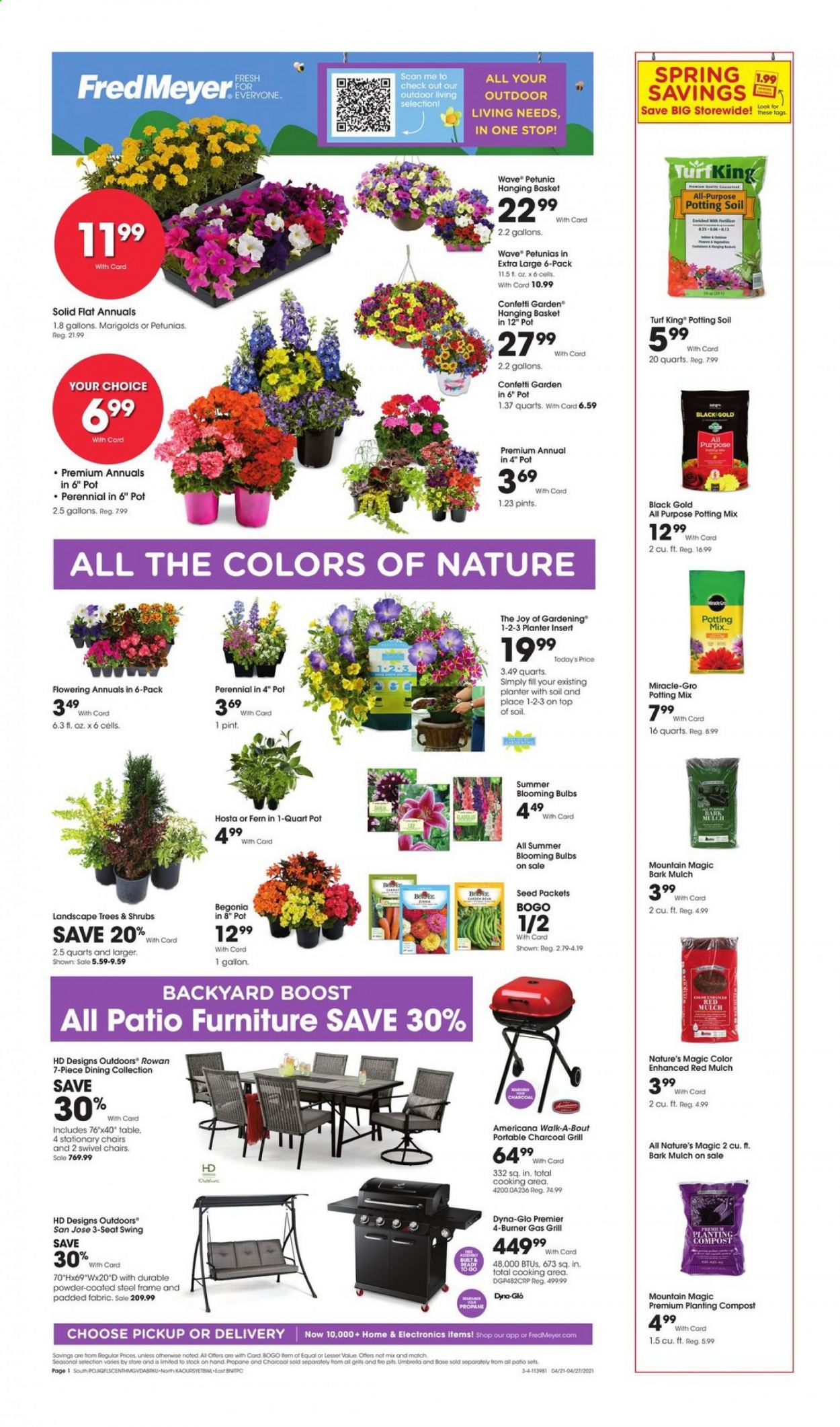 thumbnail - Fred Meyer Flyer - 04/21/2021 - 04/27/2021 - Sales products - cod, Boost, basket, pot, plant seeds, begonia, potting mix, garden mulch, compost. Page 1.