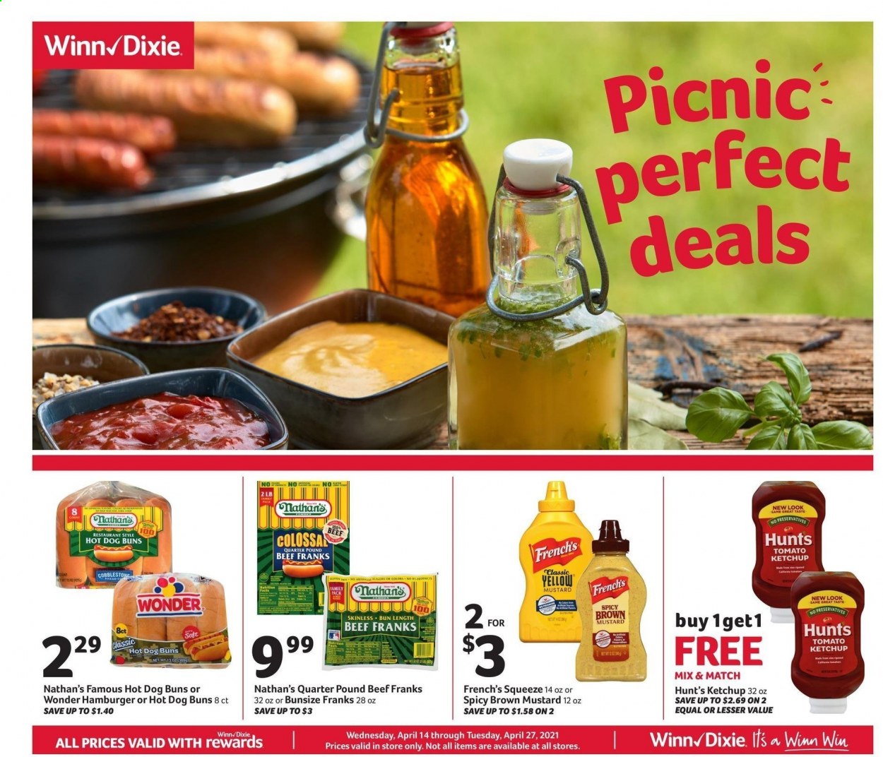 thumbnail - Winn Dixie Flyer - 04/14/2021 - 04/27/2021 - Sales products - buns, mustard, ketchup. Page 1.