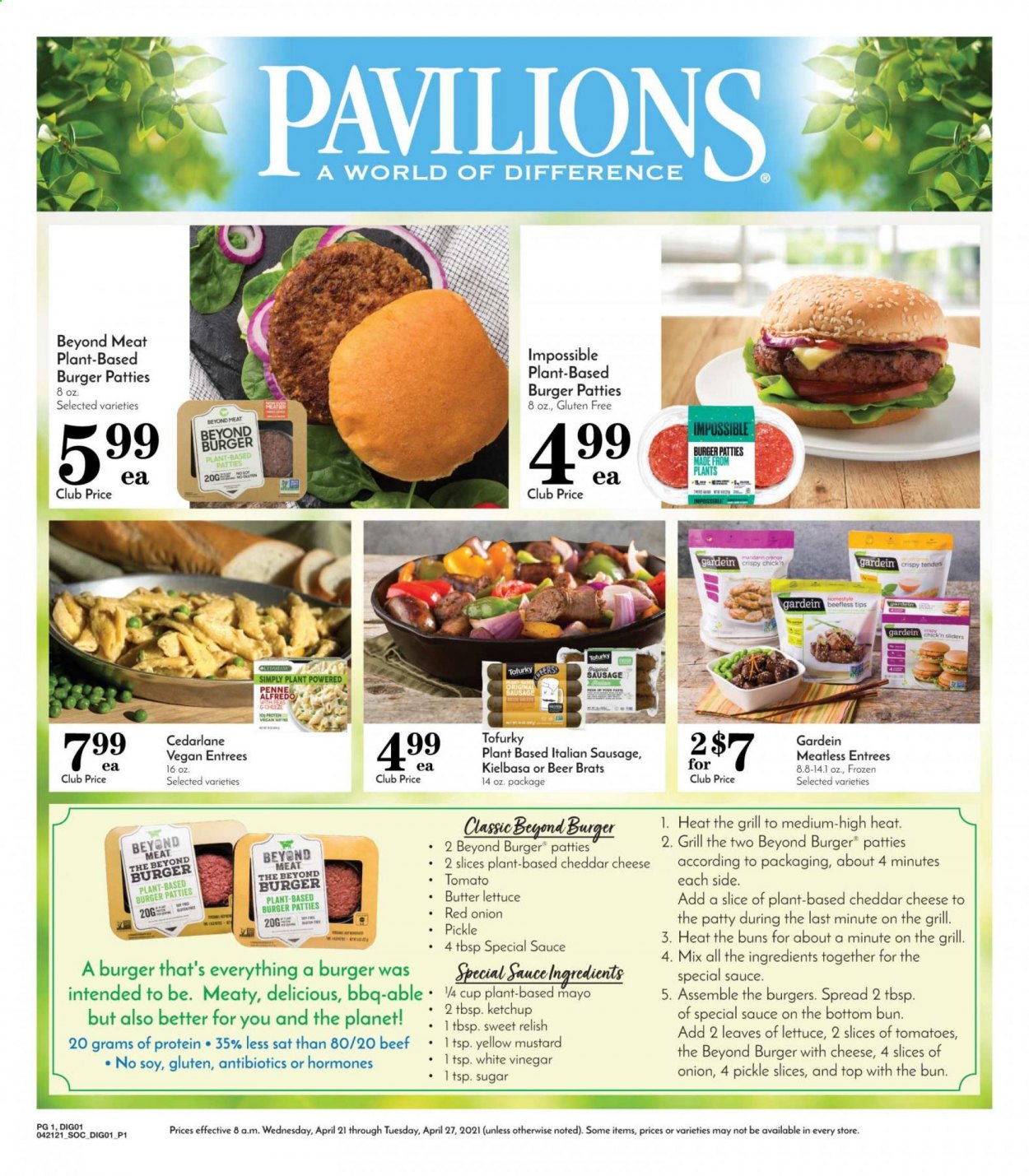 thumbnail - Pavilions Flyer - 04/21/2021 - 04/27/2021 - Sales products - buns, onion, sausage, italian sausage, cheddar, cheese, mayonnaise, sugar, penne, mustard, ketchup, vinegar, beer, burger patties. Page 1.