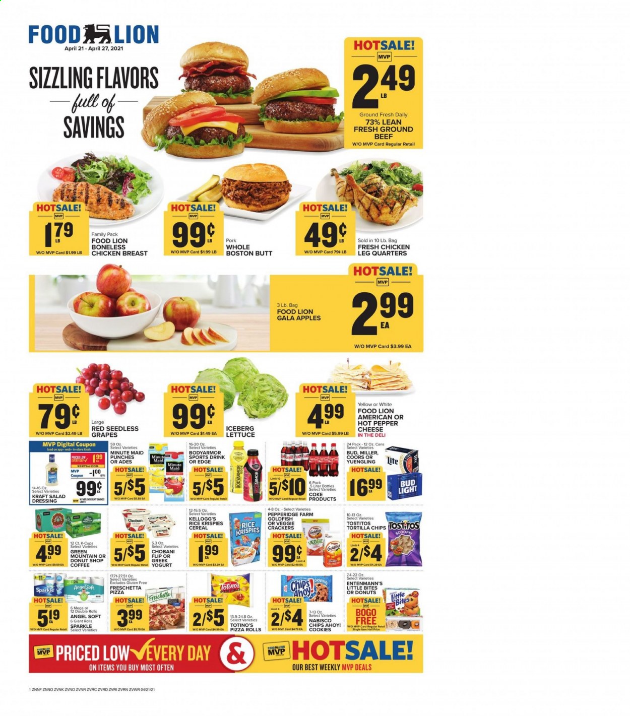 thumbnail - Food Lion Flyer - 04/21/2021 - 04/27/2021 - Sales products - Coors, Yuengling, seedless grapes, pizza rolls, Entenmann's, lettuce, apples, Gala, grapes, pizza, Kraft®, Chobani, cookies, crackers, Kellogg's, Chips Ahoy!, Little Bites, tortilla chips, chips, Goldfish, Tostitos, cereals, Rice Krispies, salad dressing, dressing, fruit punch, coffee, coffee capsules, K-Cups, Green Mountain, beer, Bud Light, Miller, chicken breasts, chicken legs, beef meat, ground beef. Page 1.
