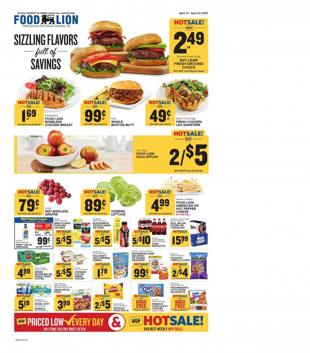 thumbnail - Food Lion Flyer - 04/21/2021 - 04/27/2021 - Sales products - Coors, Yuengling, seedless grapes, pizza rolls, Entenmann's, lettuce, apples, Gala, grapes, pizza, Kraft®, Chobani, cookies, crackers, Kellogg's, Chips Ahoy!, Little Bites, tortilla chips, chips, Goldfish, Tostitos, cereals, Rice Krispies, salad dressing, dressing, fruit punch, coffee, coffee capsules, K-Cups, Green Mountain, beer, Bud Light, Miller, chicken breasts, chicken legs, ground chuck. Page 1.