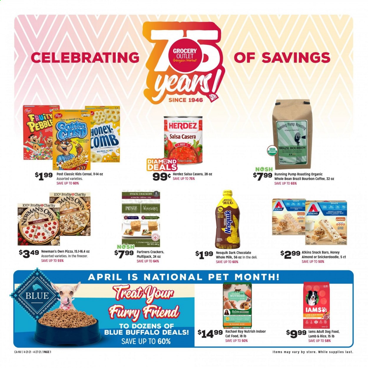 thumbnail - Grocery Outlet Flyer - 04/21/2021 - 04/27/2021 - Sales products - pizza, greek yoghurt, Nesquik, milk, chocolate, snack, crackers, dark chocolate, snack bar, sugar, cereals, salsa, coffee, bourbon, comb. Page 1.