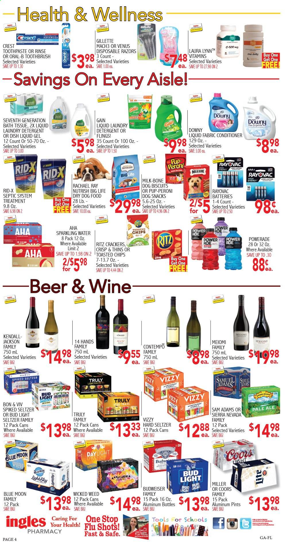 thumbnail - Ingles Flyer - 04/21/2021 - 04/27/2021 - Sales products - Budweiser, Coors, Blue Moon, milk, snack, crackers, RITZ, chips, Thins, lemonade, Powerade, ice tea, sparkling water, wine, Hard Seltzer, TRULY, beer, Bud Light, Miller, bath tissue, detergent, Gain, laundry detergent, Downy Laundry, dishwashing liquid, toothbrush, Oral-B, toothpaste, Crest, conditioner, Gillette, Venus, disposable razor, battery, one daily. Page 4.