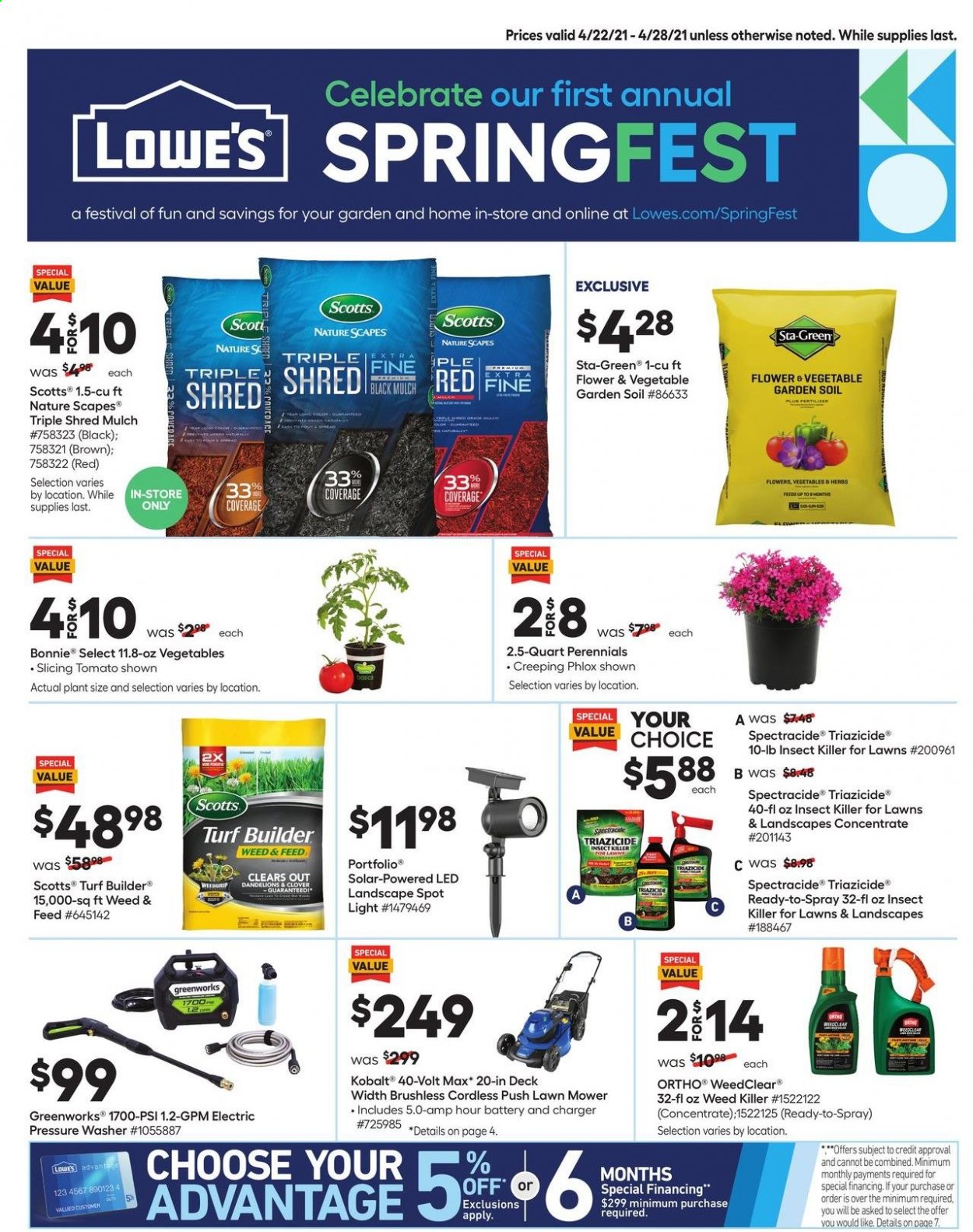 thumbnail - Lowe's Flyer - 04/22/2021 - 04/28/2021 - Sales products - Scott, insect killer, spotlight, washing machine, lawn mower, electric pressure washer, pressure washer, turf builder, garden soil, garden mulch. Page 1.