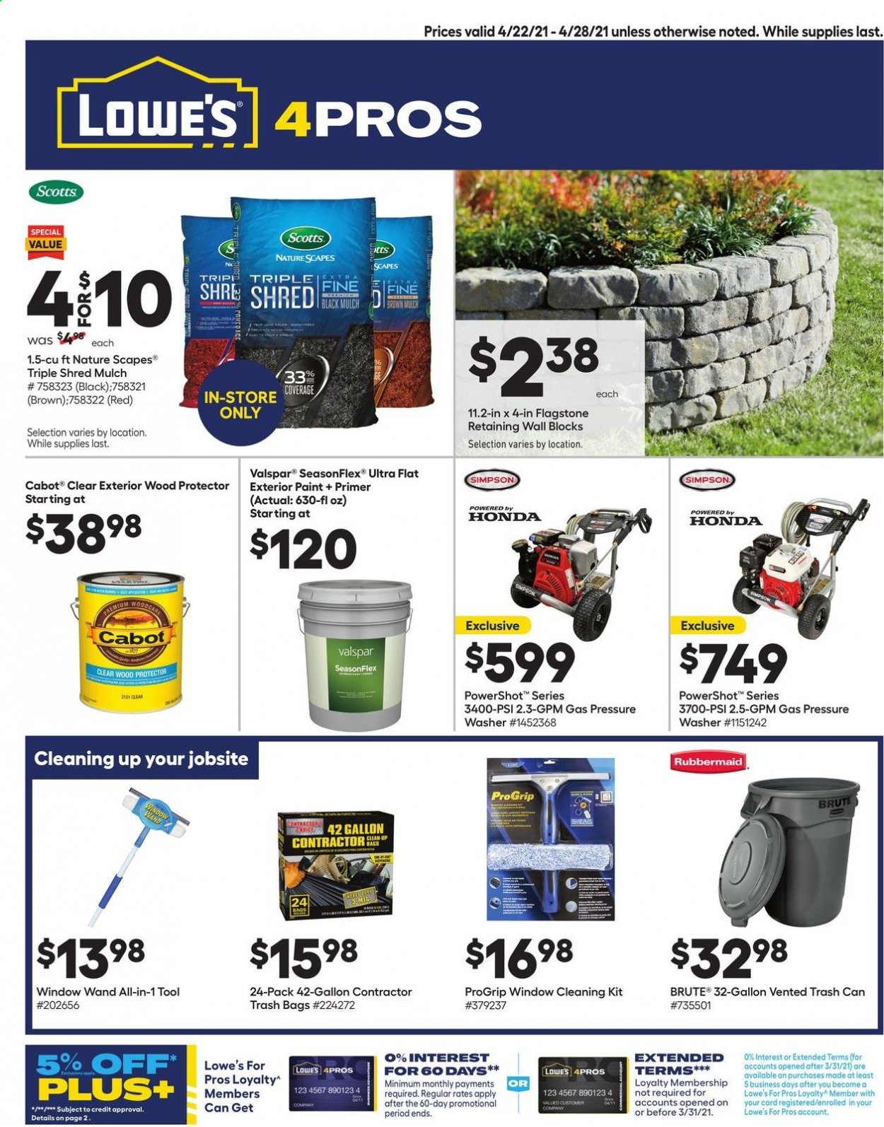thumbnail - Lowe's Flyer - 04/22/2021 - 04/28/2021 - Sales products - trash bags, trash can, PowerShot, washing machine, gallon, bag, paint, Valspar, pressure washer, garden mulch. Page 1.