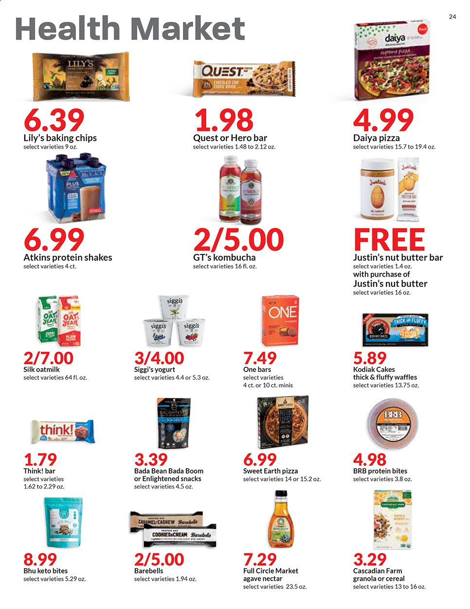 thumbnail - Hy-Vee Flyer - 04/21/2021 - 04/27/2021 - Sales products - cake, waffles, pizza, yoghurt, protein drink, Silk, shake, oat milk, snack, oats, baking chips, granola, agave nectar, kombucha. Page 24.